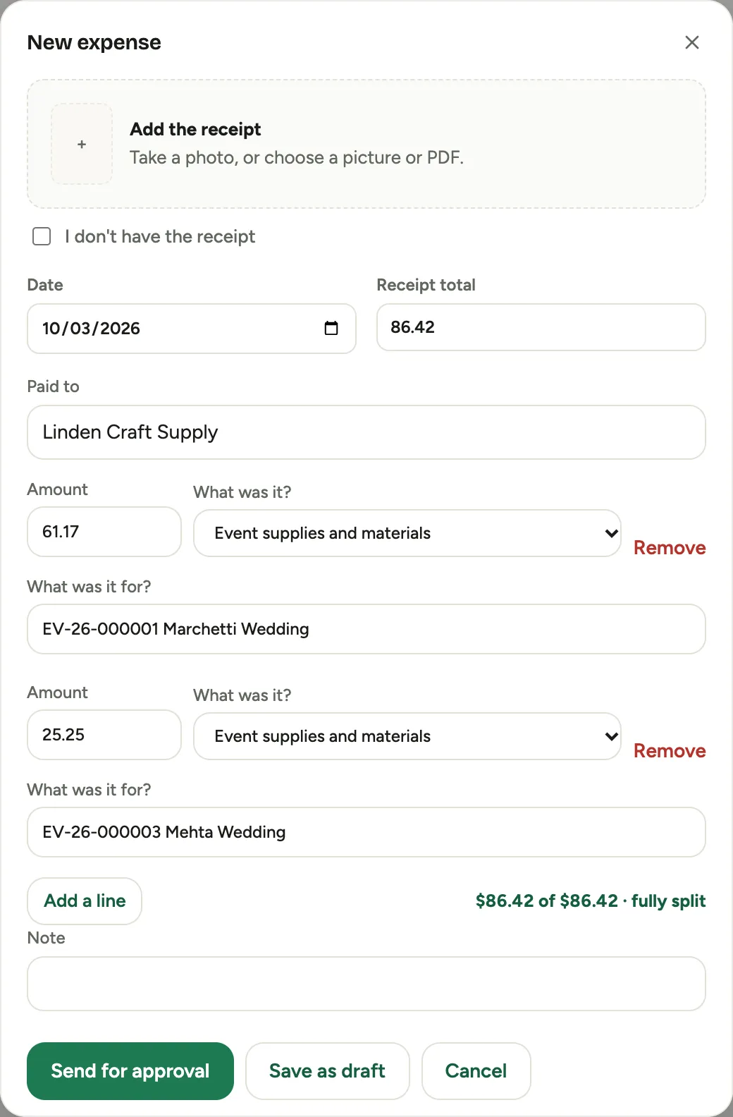 The New expense form with one receipt split into two lines, each with its own amount, category and job, and the running total reading fully split