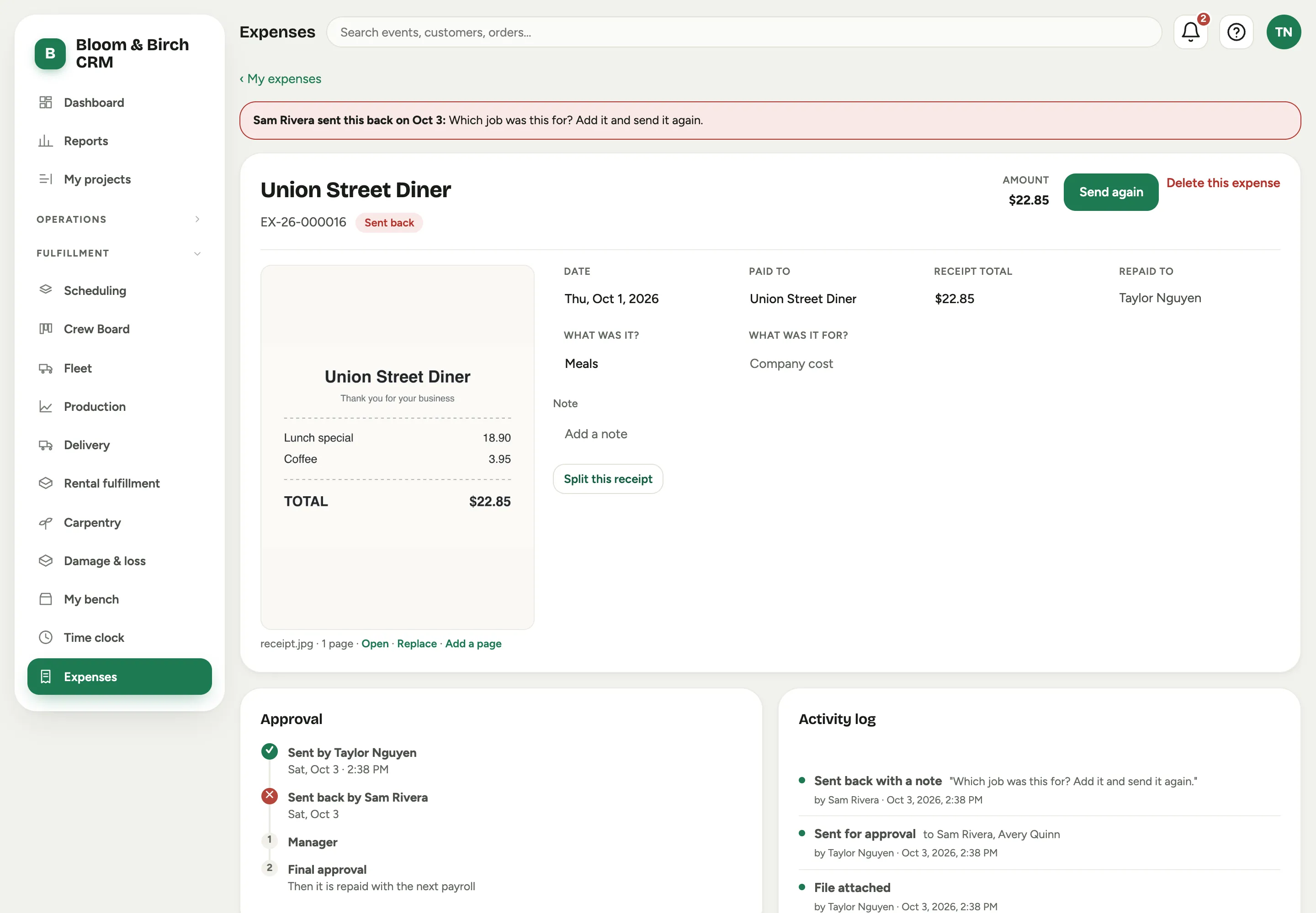 A sent-back expense: the approver's note across the top, Send again and Delete this expense, the receipt beside the details, and the two approvals below