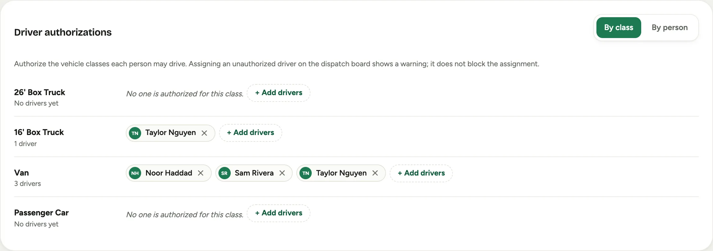 Driver authorizations: a row per vehicle class with the authorized drivers as chips and an add drivers button on each row