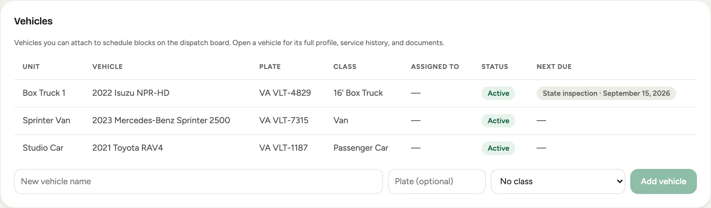The Fleet page: a vehicles table with unit, vehicle, plate, class, assigned driver, a status badge, and a next-due compliance badge