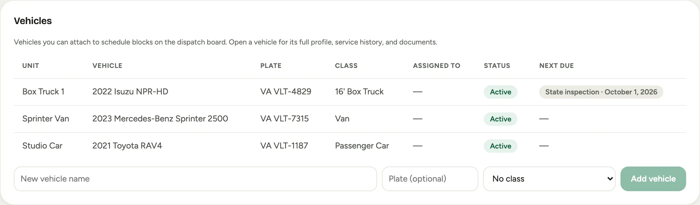 The Fleet page: a vehicles table with unit, vehicle, plate, class, assigned driver, a status badge, and a next-due compliance badge