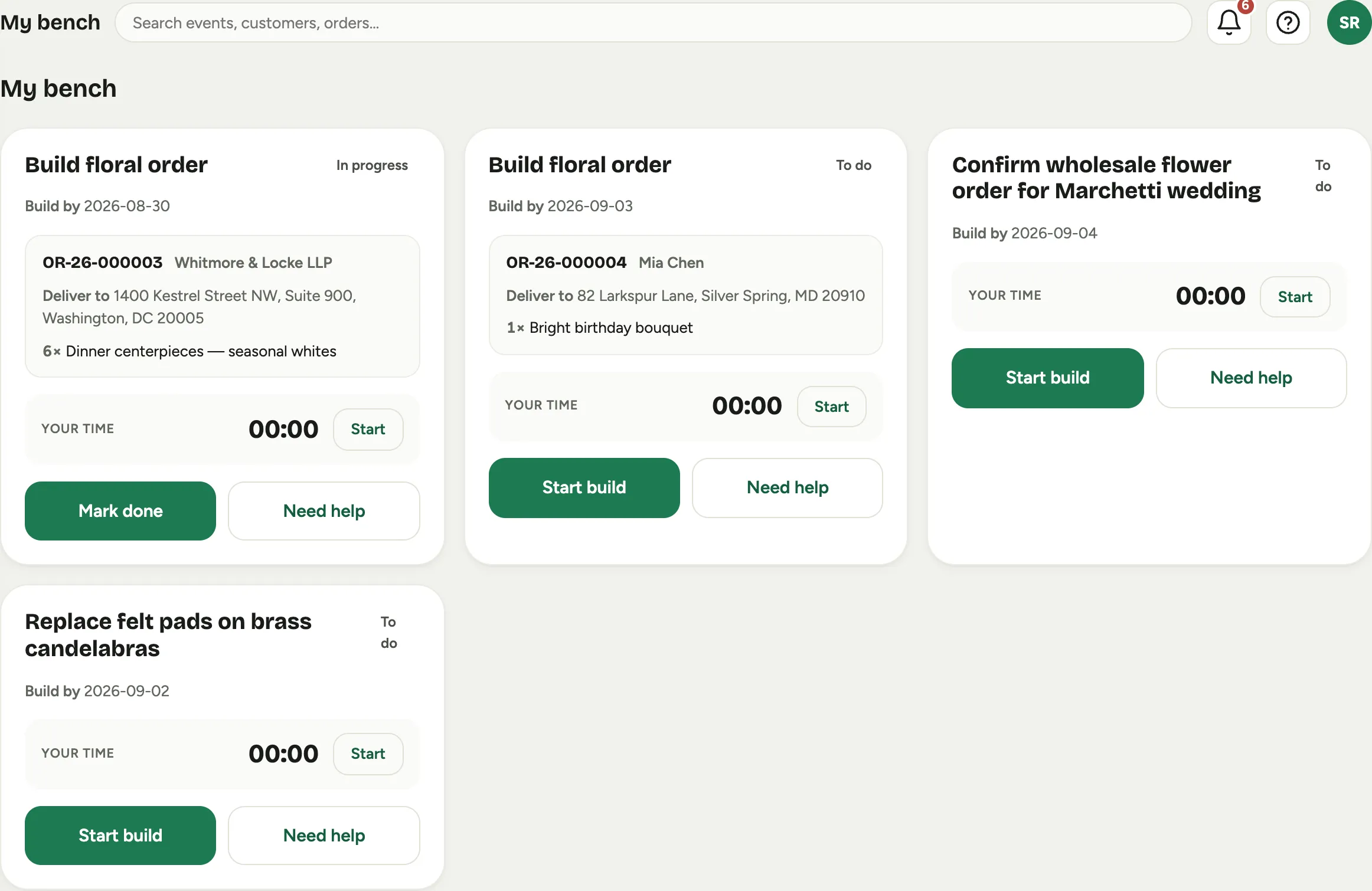 My bench: the florist's own cards, order builds alongside shop tasks, each with a timer and its actions