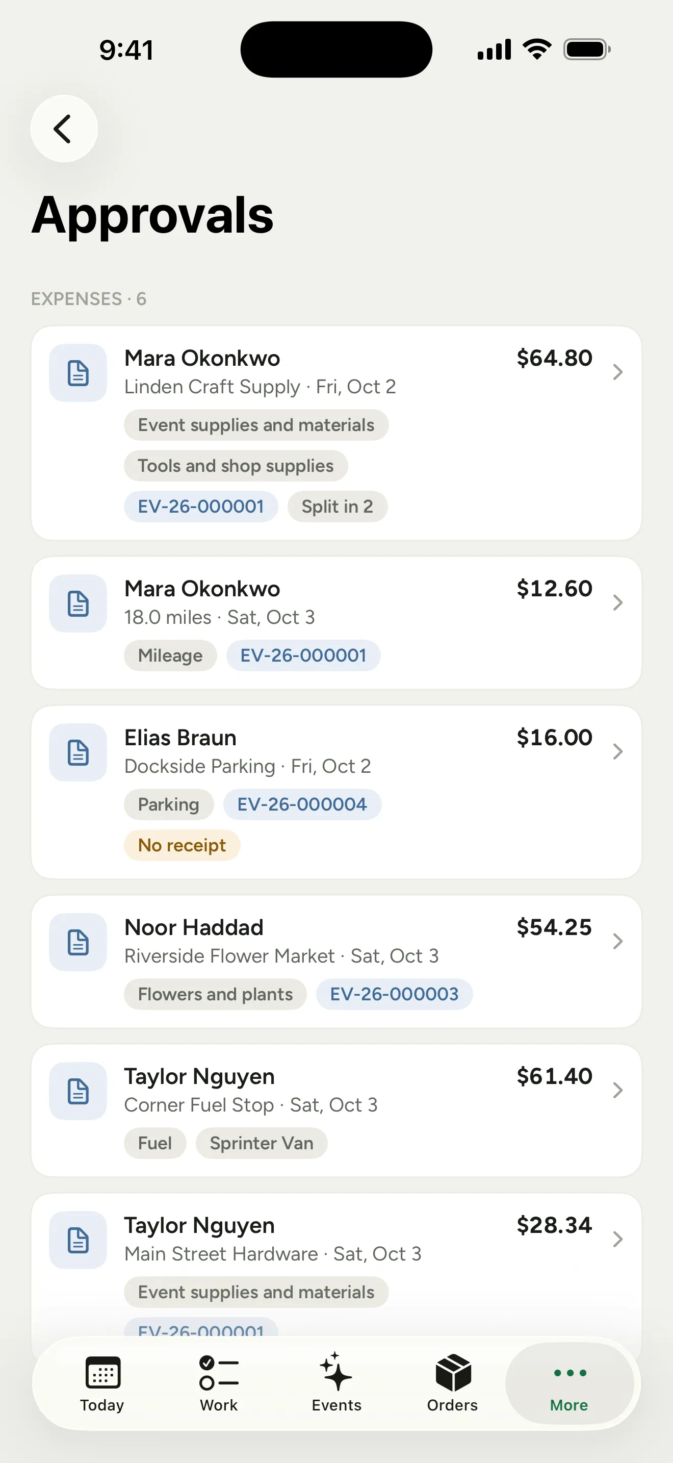 The Approvals inbox in the phone app with expenses first: each card names the person, where and when they paid and the amount, with chips for the category, the job, a split or a missing receipt