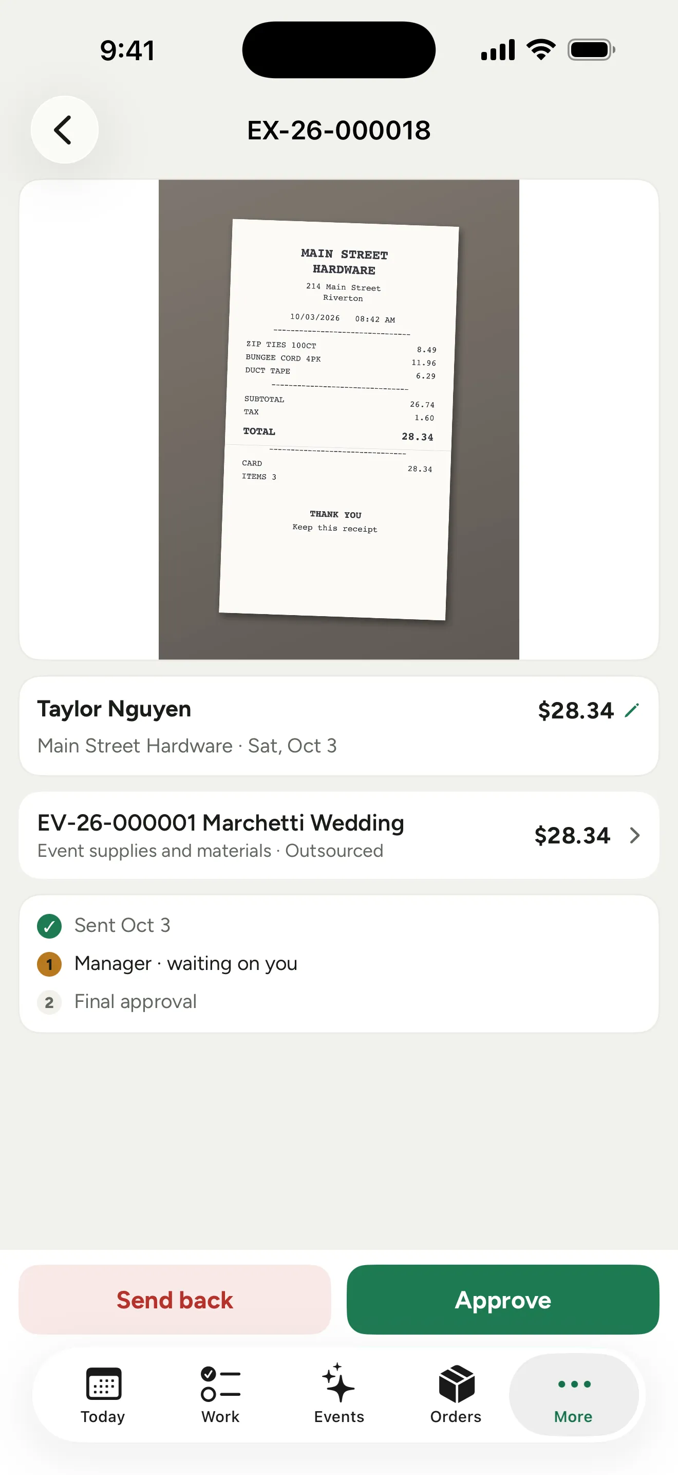 One expense as the manager sees it in the phone app: the receipt, the amount with a pencil to lower it, the line with its job and categories, the approvals, and Send back and Approve