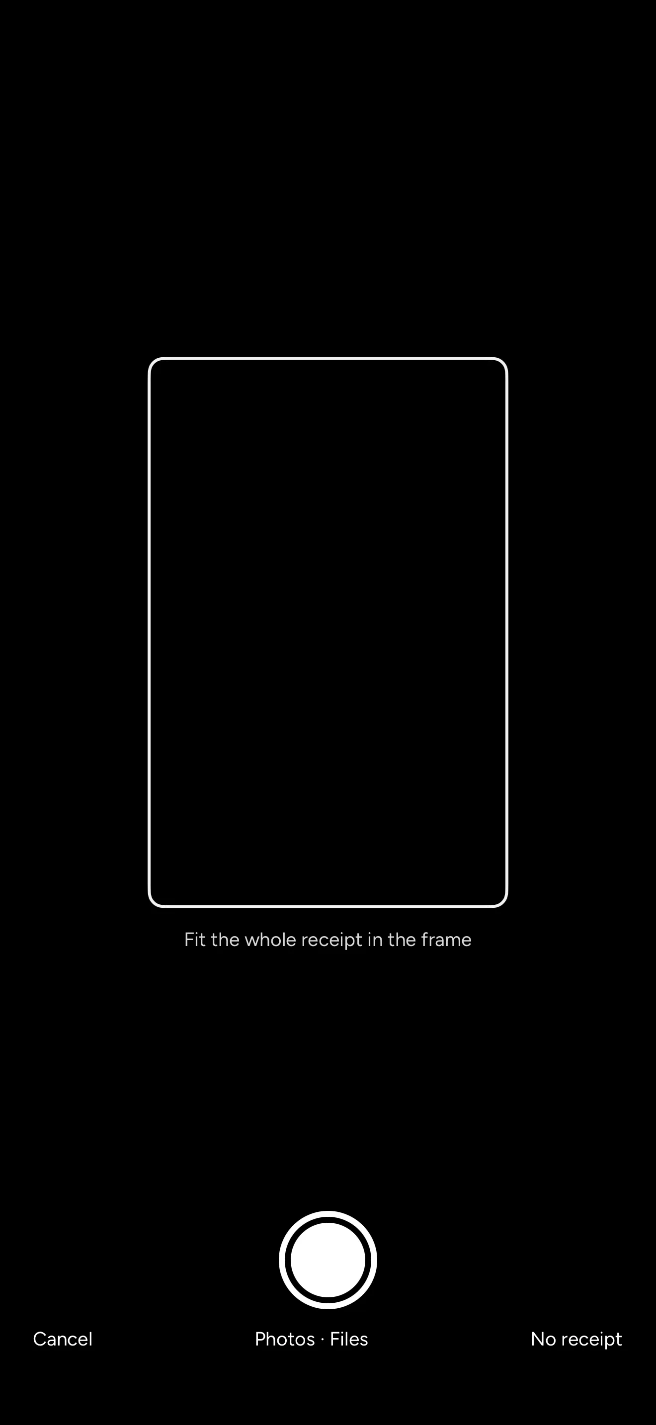 The camera in the phone app: a frame to fit the receipt in, the hint to fit the whole receipt, the shutter, and Cancel, Photos and Files, and No receipt along the bottom