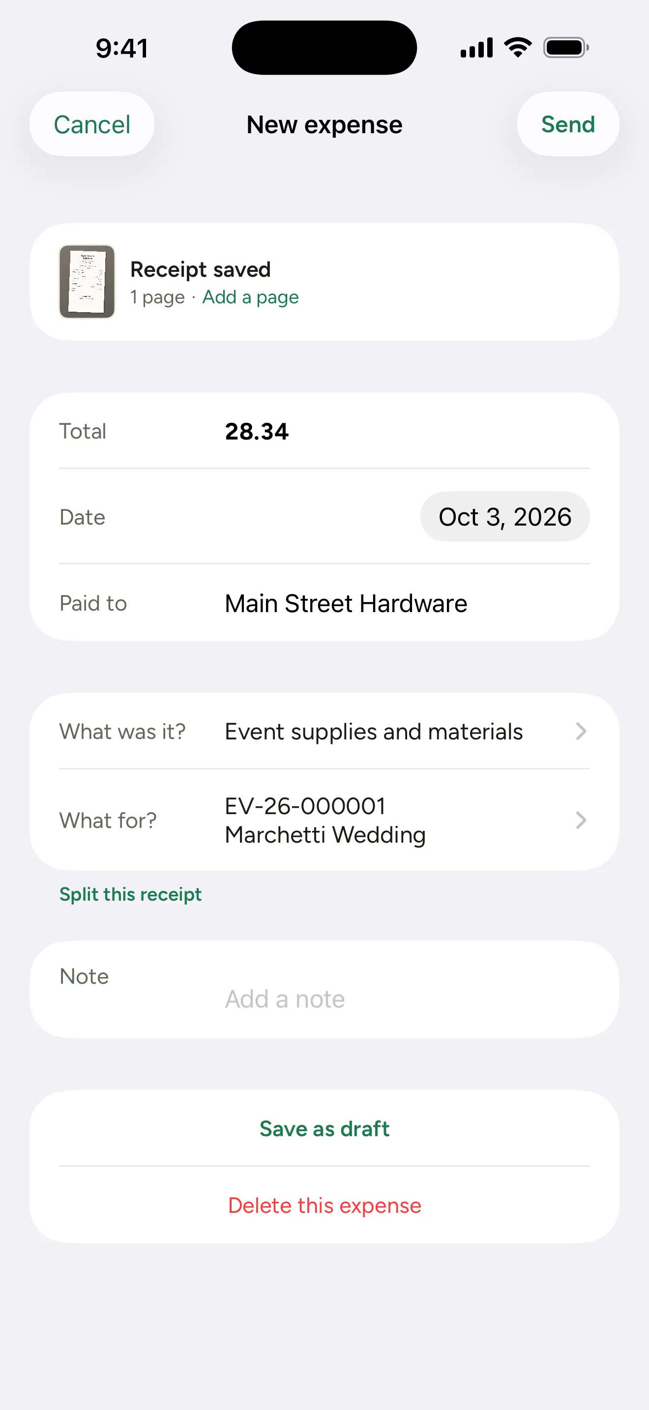 A new expense on the phone after the photo: the receipt saved with its thumbnail, then Total, Date and Paid to, what it was and the job it was for, Split this receipt, a note, Save as draft and Send