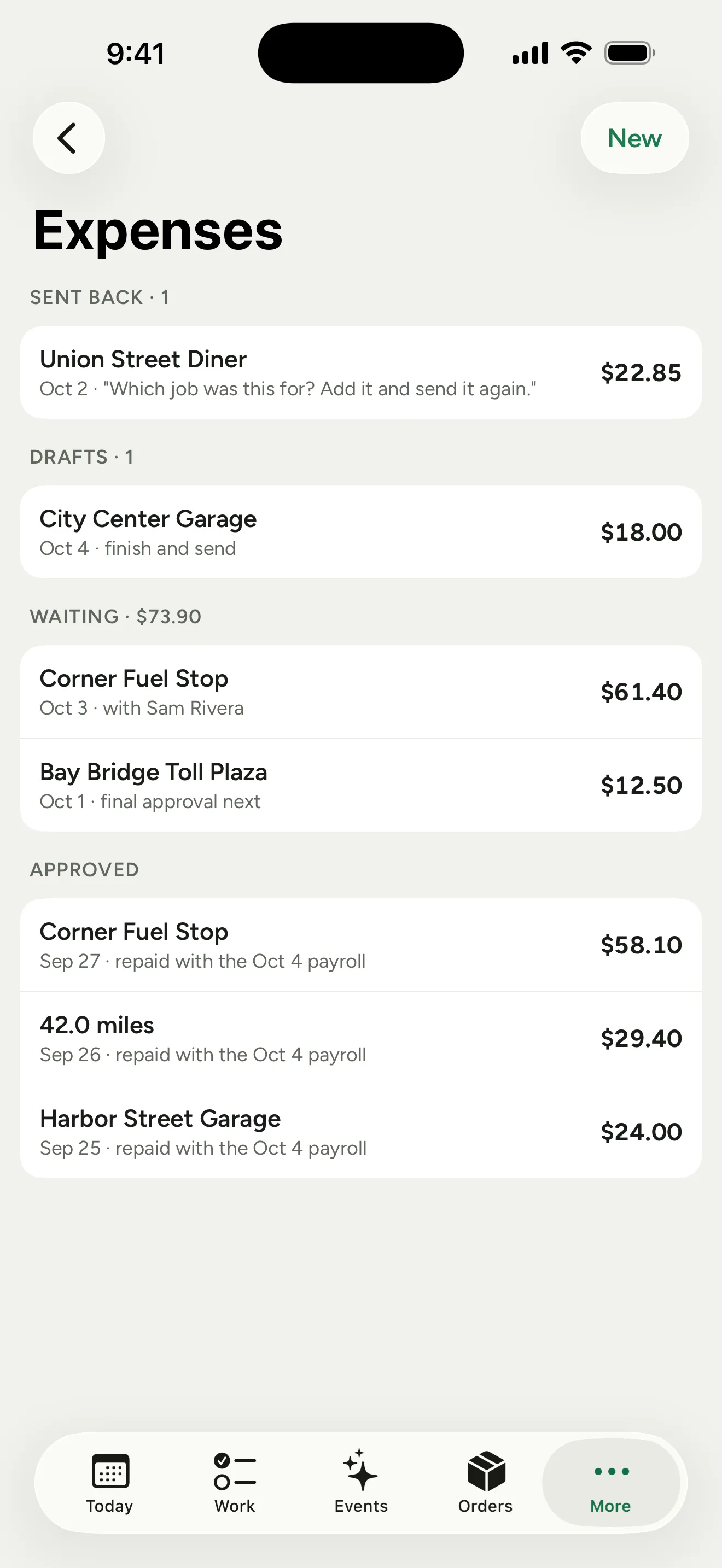 Expenses in the phone app: sent back with the approver's note, drafts, what is waiting with its total and who each one is with, and what is approved with the payroll each is repaid with