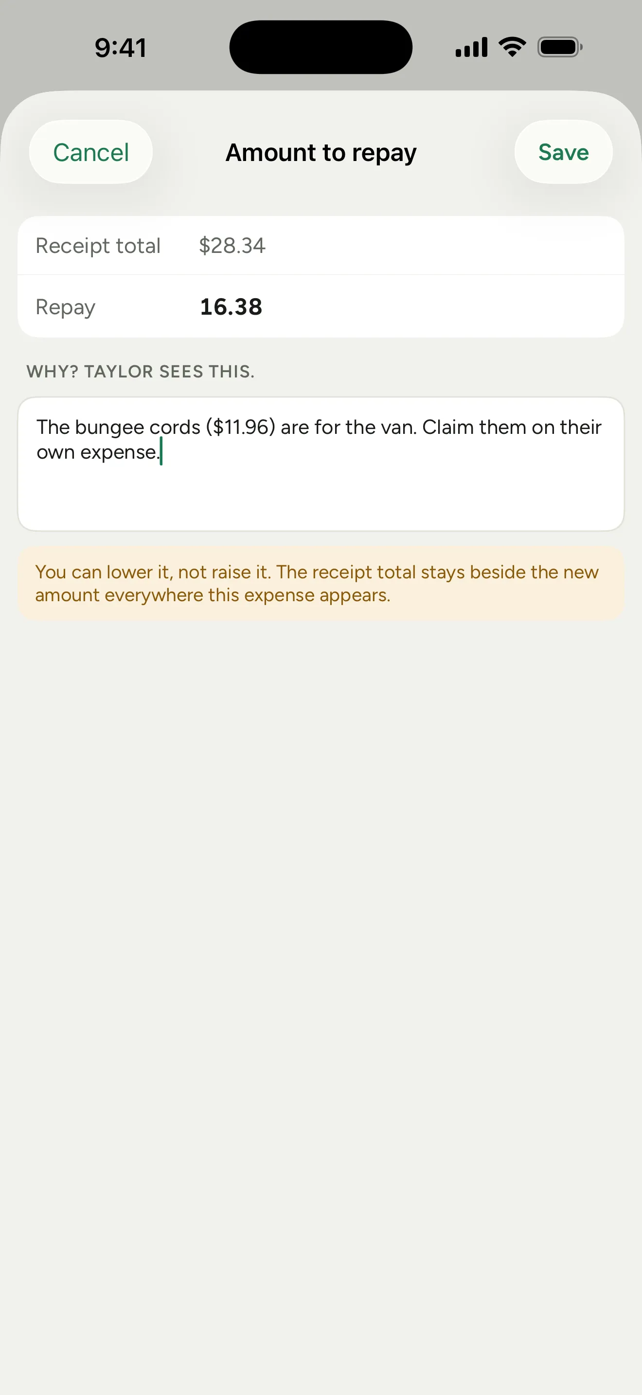 Amount to repay in the phone app: the receipt total, the lower amount to repay, the reason the person will see, and the rule that the amount can be lowered but not raised
