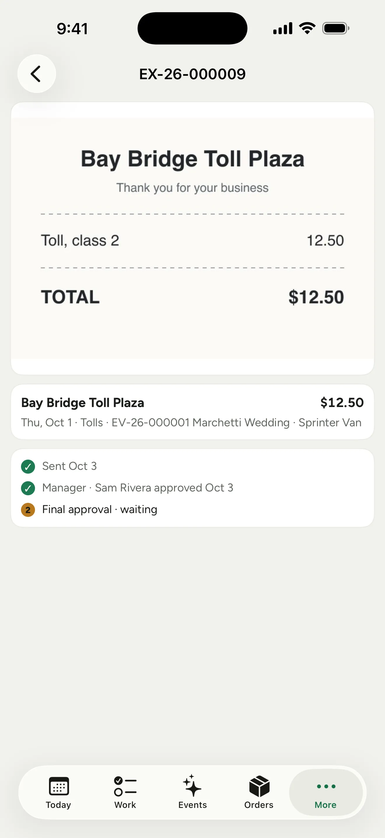 One waiting expense in the phone app: the receipt, what it was and the job it was charged to, and the approvals, the manager's given and final approval still waiting