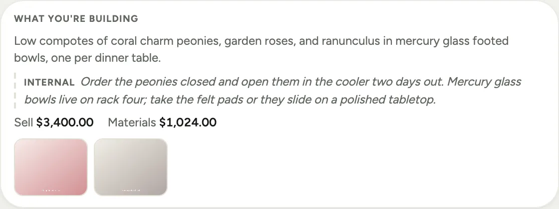 The What you're building panel on a prep block: the full sold description, an Internal annotation for the shop, the Sell and Materials pair, and two reference photo thumbnails