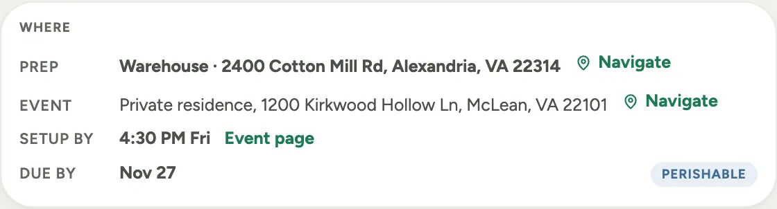 The Where panel on a prep job sheet: a Prep row with the warehouse address and Navigate, an Event row with the venue address and its own Navigate, a Setup by time with an Event page link, and a Due by date with a perishable pill