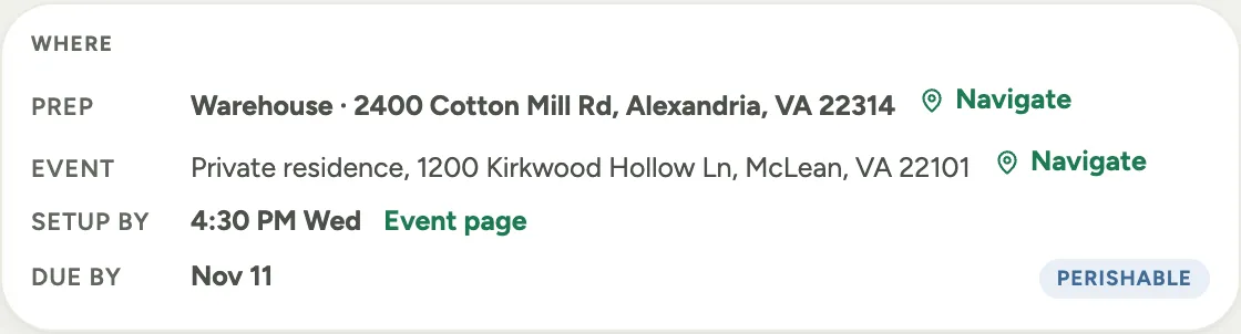 The Where panel on a prep job sheet: a Prep row with the warehouse address and Navigate, an Event row with the venue address and its own Navigate, a Setup by time with an Event page link, and a Due by date with a perishable pill