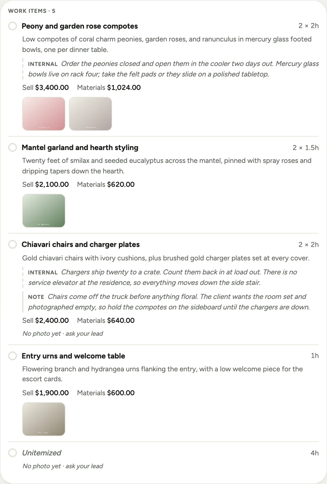 One work item expanded on a job sheet: its label and people-times-hours, the full sold description, an Internal annotation, a manager Note, the Sell and Materials pair, and reference photo thumbnails