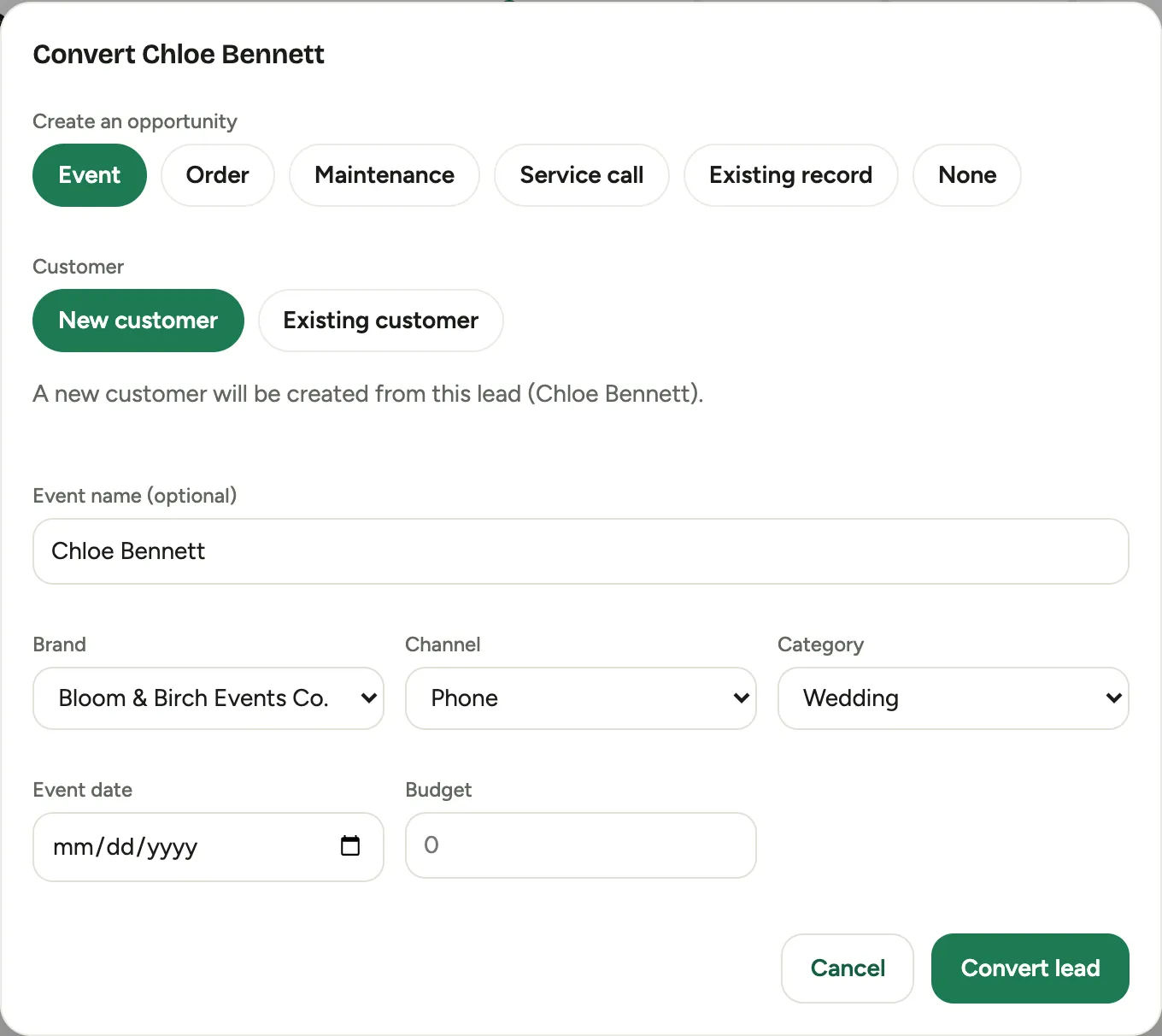 The Convert lead dialog: the new-versus-existing customer choice, the Create an opportunity type buttons, and a Convert lead button