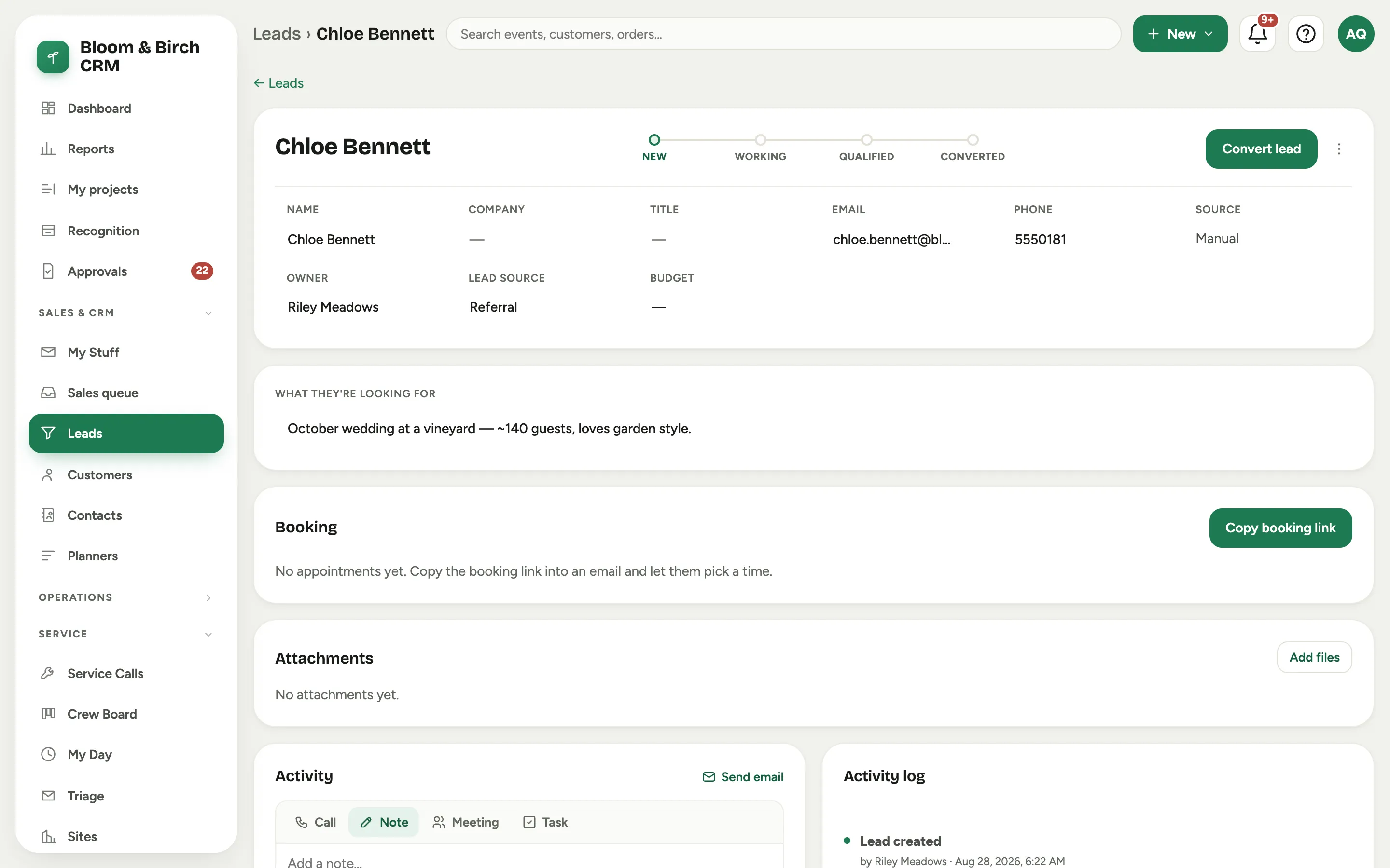 A lead record: the stage track across the top, the inline-editable facts column on the left, and the What they're looking for brief