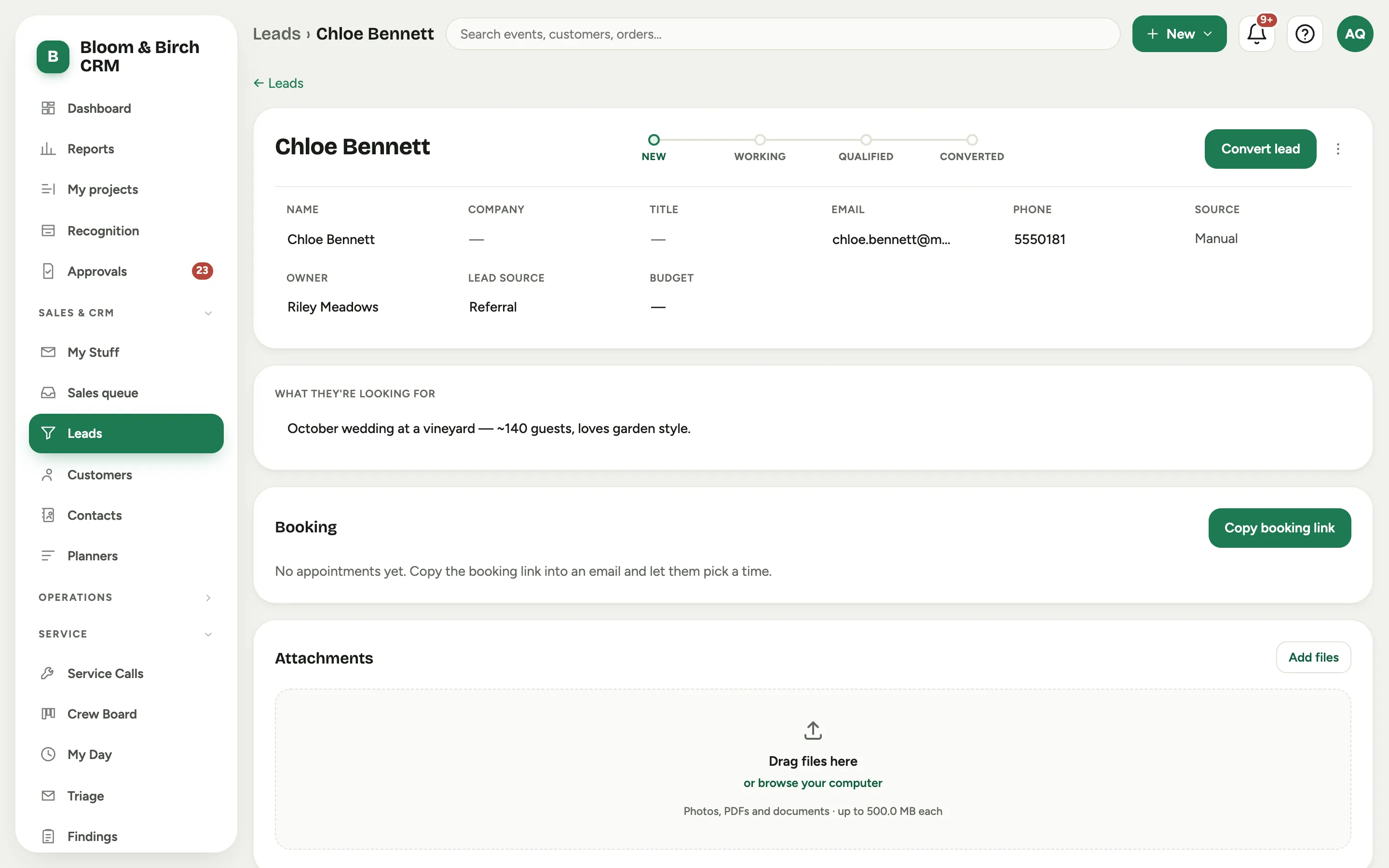 A lead record: the stage track across the top, the inline-editable facts column on the left, and the What they're looking for brief