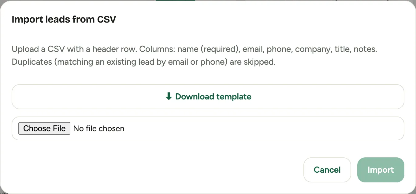 The Import leads from CSV dialog: a Download template link, a file chooser, and an Import button