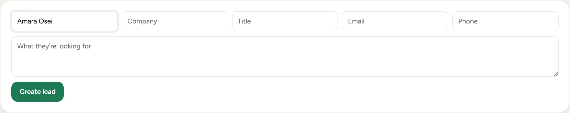 The inline new-lead form: name, company, title, email, and phone fields above a Create lead button