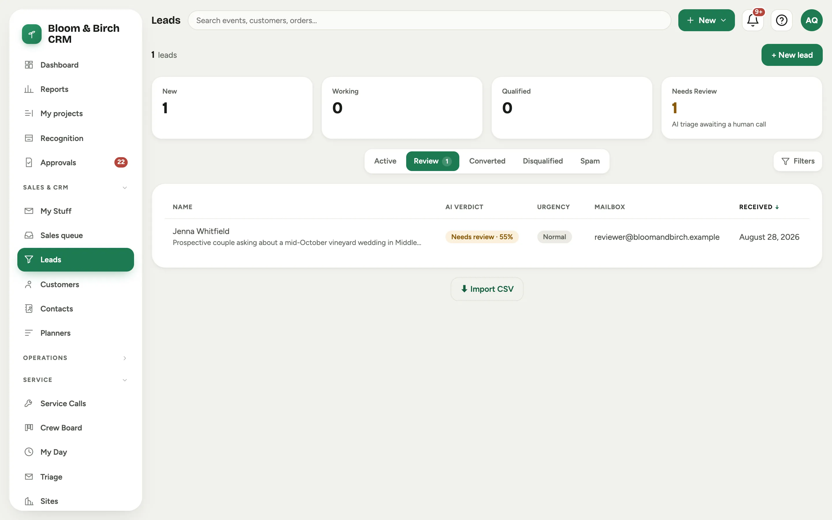 The Leads list on the Review view: columns for the AI verdict, urgency, and mailbox, with a queue of emails awaiting a human call