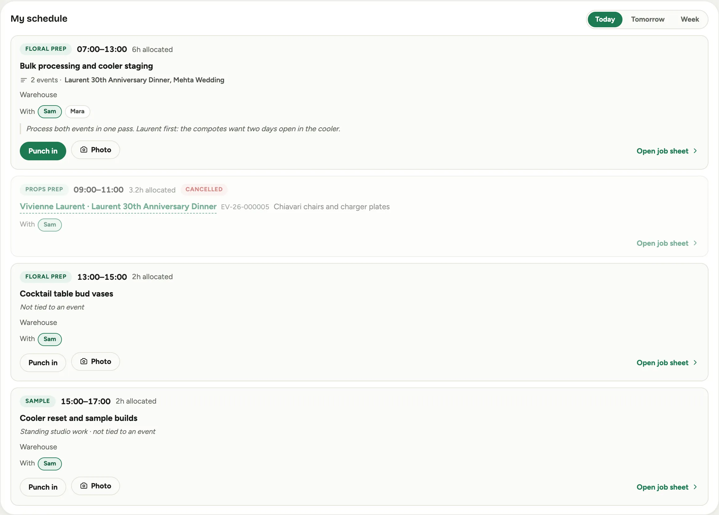Four assignments on one schedule card: a batched session naming the two events it serves, a cancelled block dimmed with its Cancelled chip and no punch controls, a block that says Not tied to an event, and one that says Standing studio work