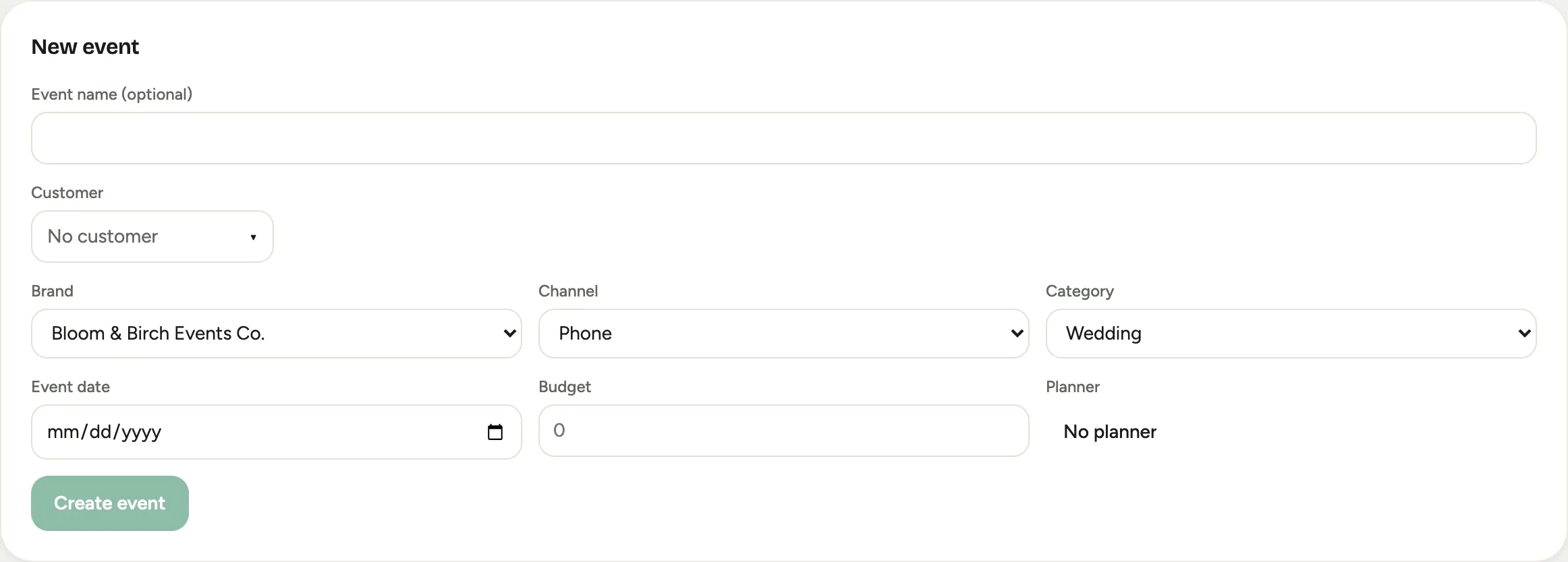 The New event form: the optional event name, the customer picker, and the brand, channel, category, and event date fields
