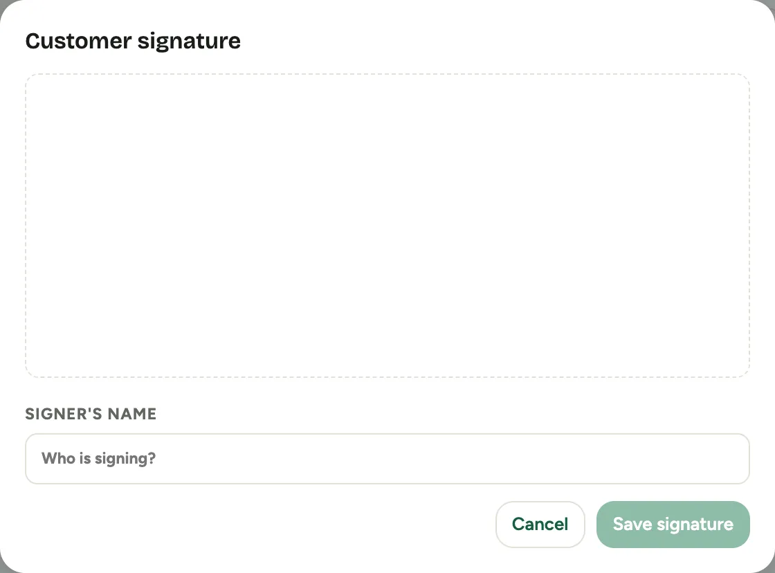 The signature pad: a name field and a drawing area the customer signs