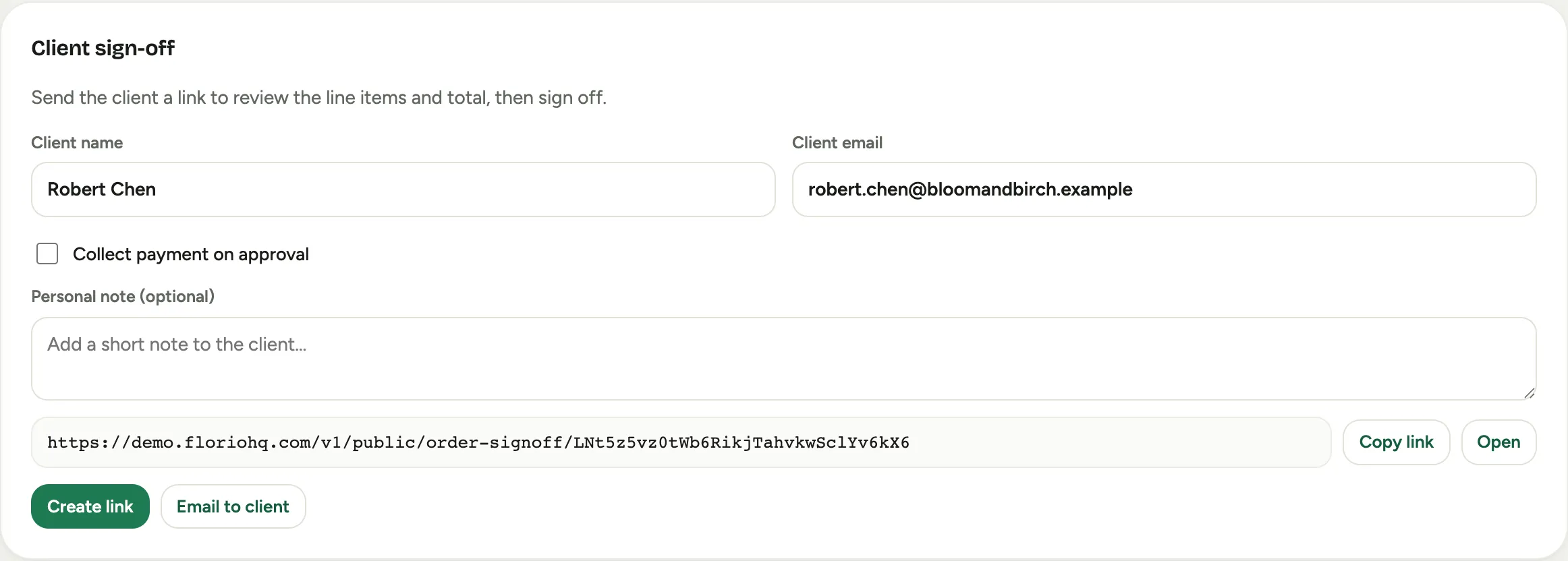 The Client sign-off card after sending: the link with copy and open, an awaiting-sign-off status, and the sent tracking line