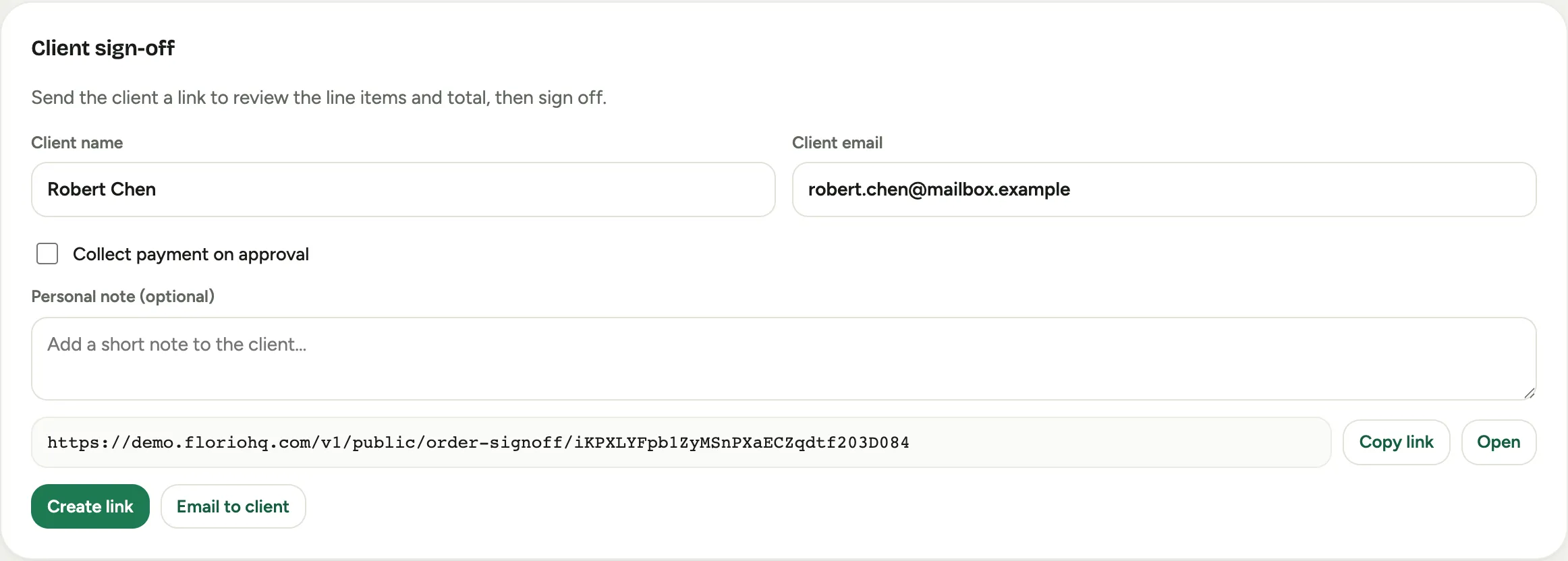 The Client sign-off card after sending: the link with copy and open, an awaiting-sign-off status, and the sent tracking line