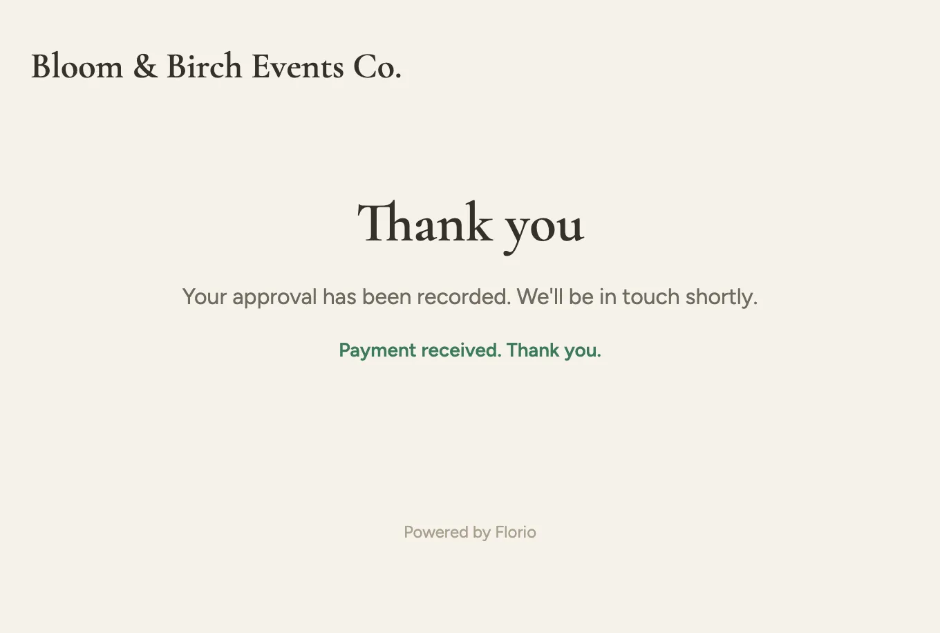 The client confirmation page after approving a paid order: a thank-you heading and a Payment received note