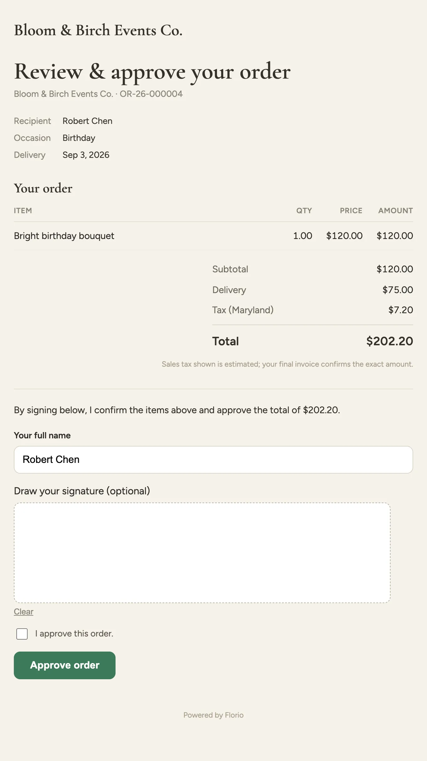 The client-facing Review and approve your order page: the studio brand, the line items and totals, the approval statement, a name field and signature pad, and the Approve order button