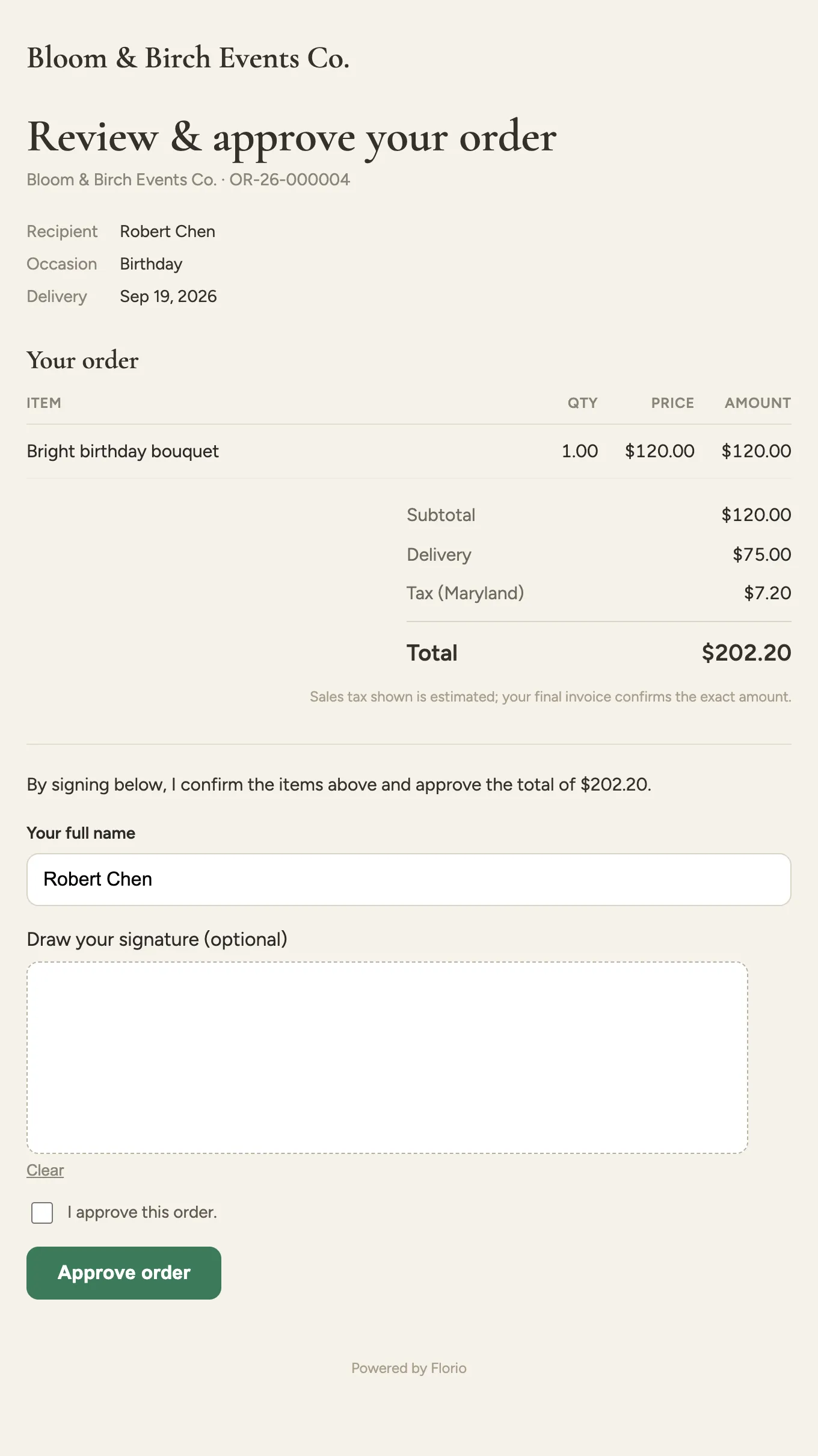 The client-facing Review and approve your order page: the studio brand, the line items and totals, the approval statement, a name field and signature pad, and the Approve order button