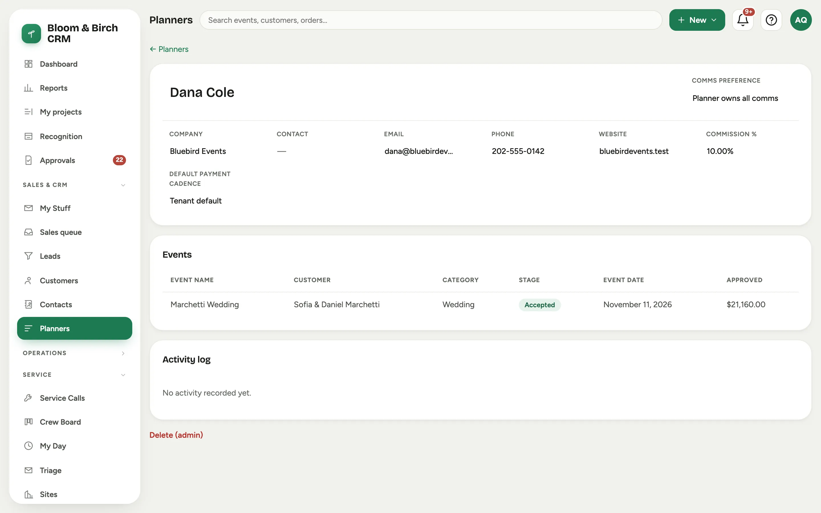 A planner record: the communication preference and commission fields, and a list of the events tagged to this planner