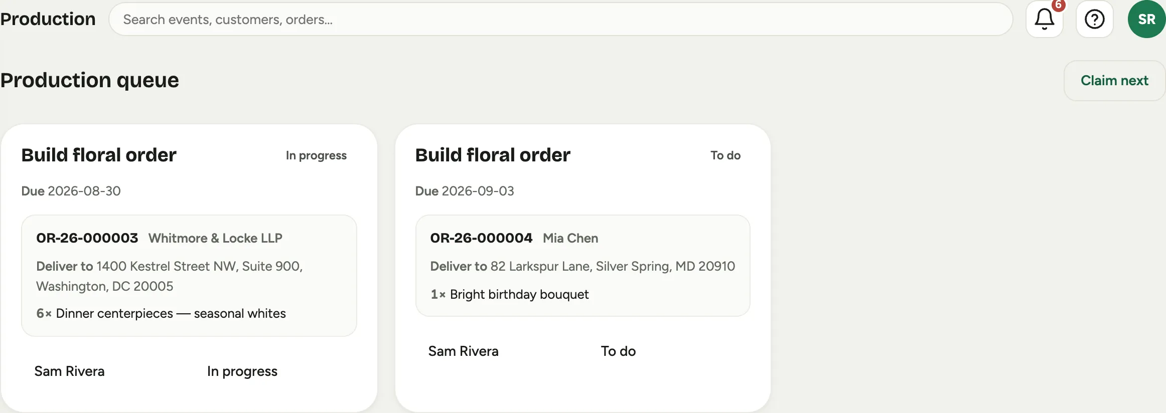 The Production queue: two Build floral order cards with the order number, recipient, delivery address, and the items to make