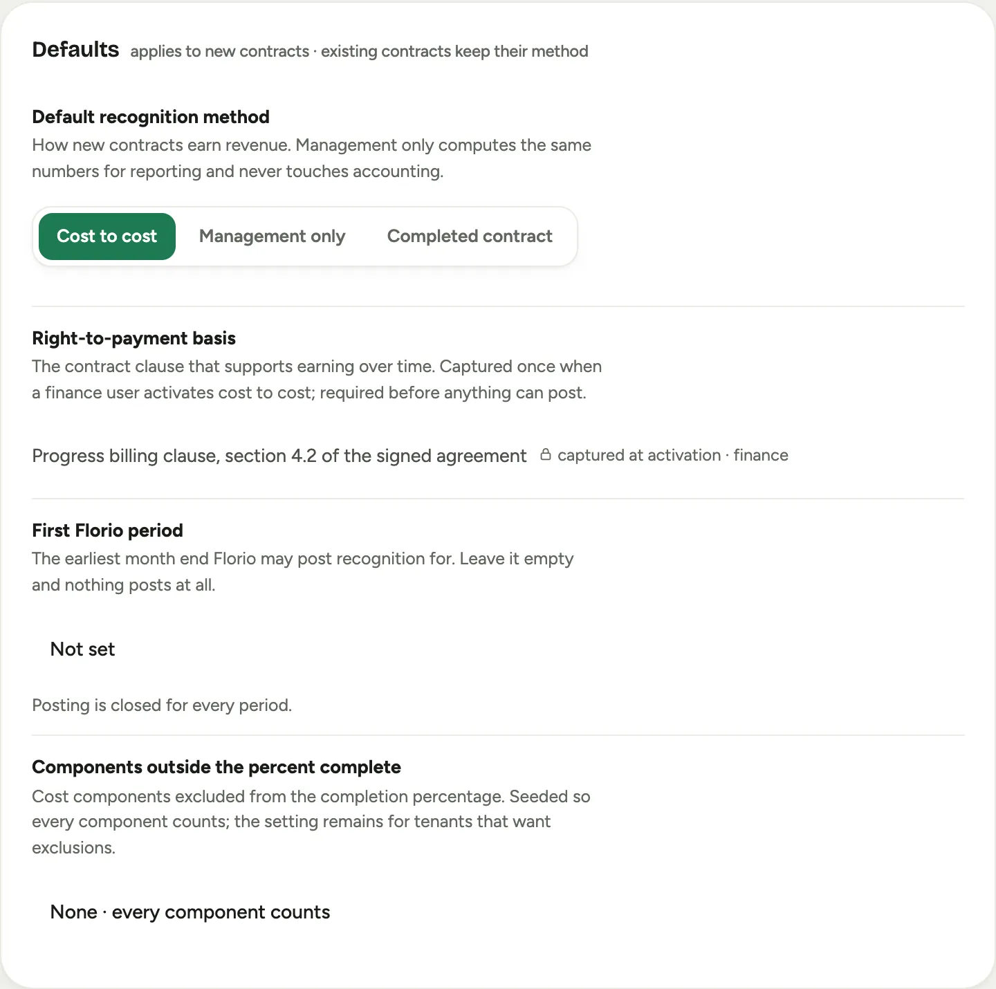 Admin, Recognition: the default recognition method picker, the right-to-payment basis row captured at activation, and the components outside the percent complete