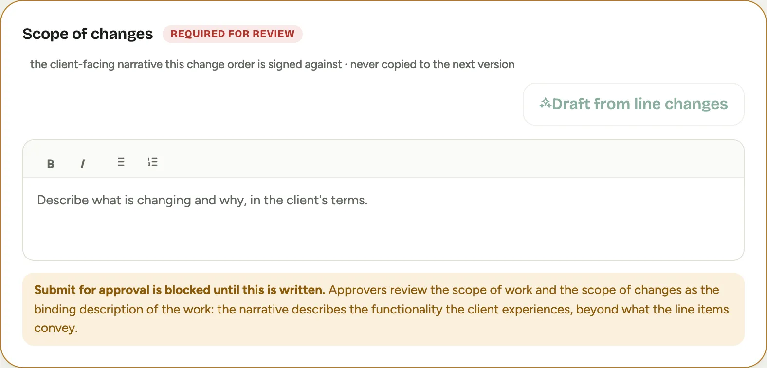 The Scope of changes card, marked required for review, empty, with the note that Submit for approval is blocked until it is written