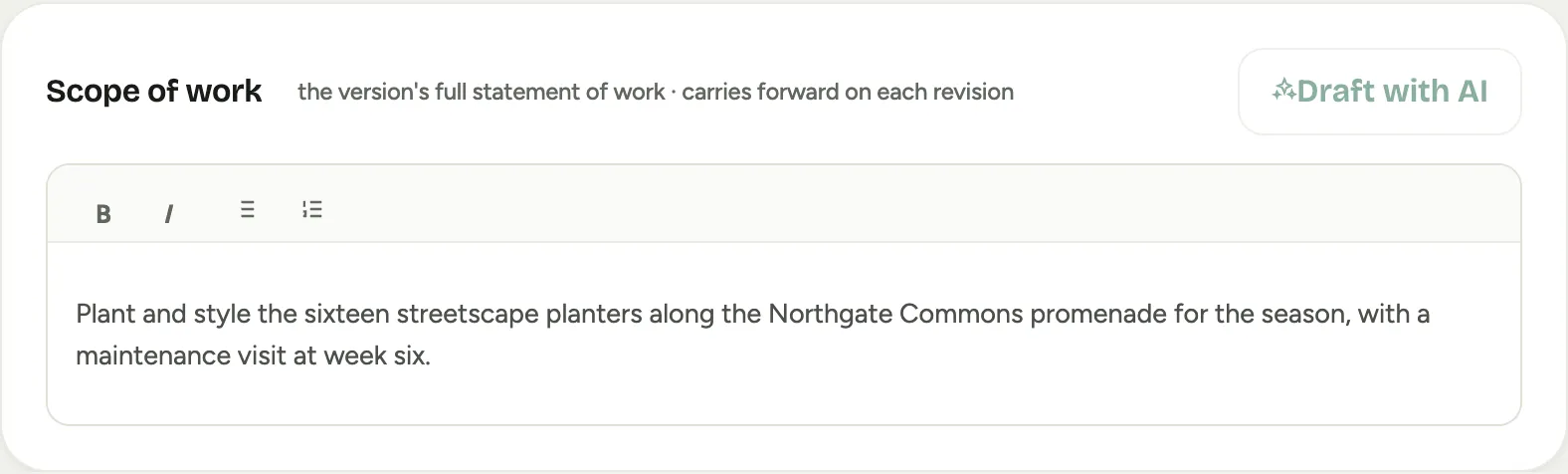 The Scope of work card in the builder: the rich-text editor with the statement of work, the note that it carries forward on each revision, and the Draft with AI button