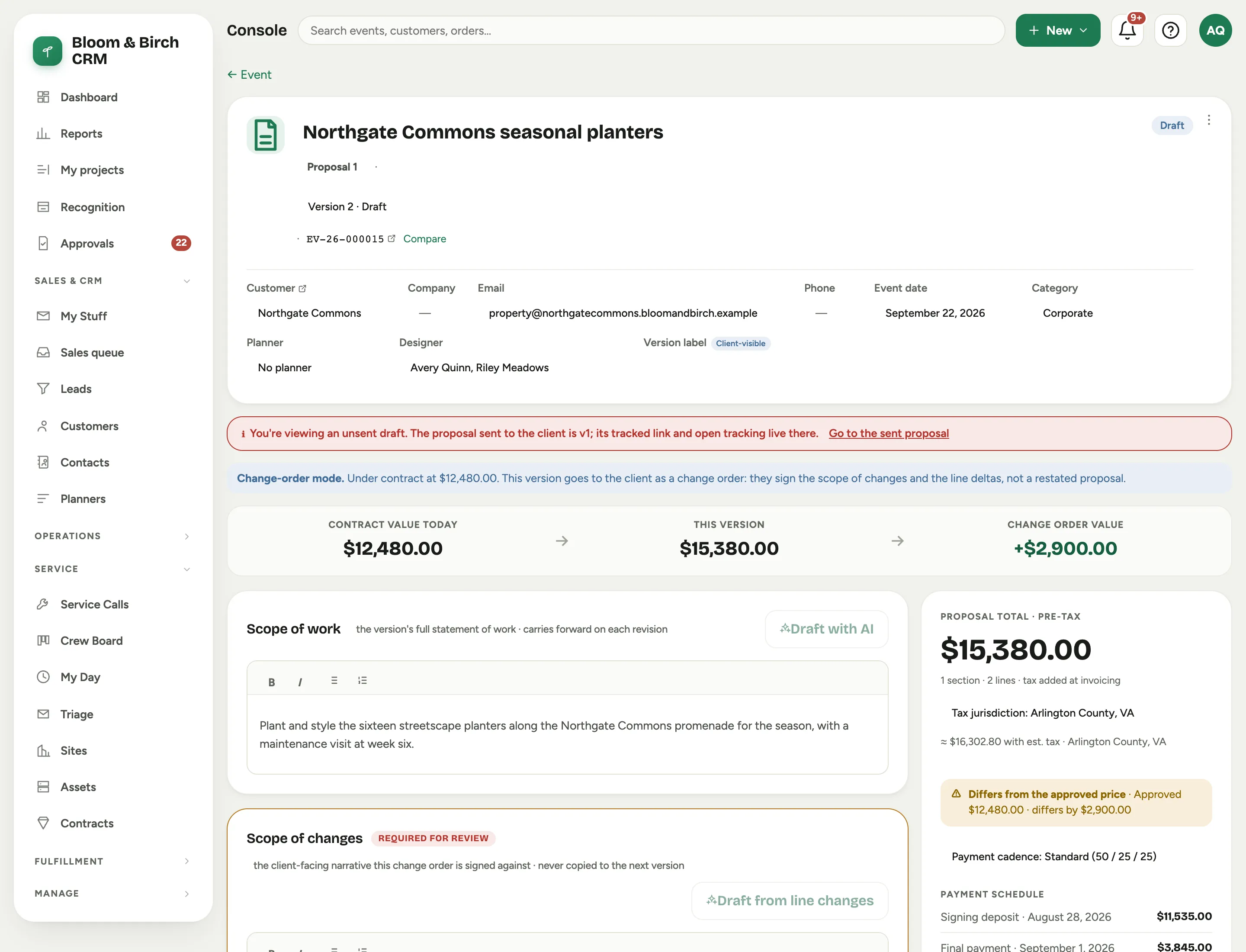 The proposal builder in change-order mode: the banner, the live strip showing contract value today, this version and change order value, the Scope of work card and the empty Scope of changes card marked required for review