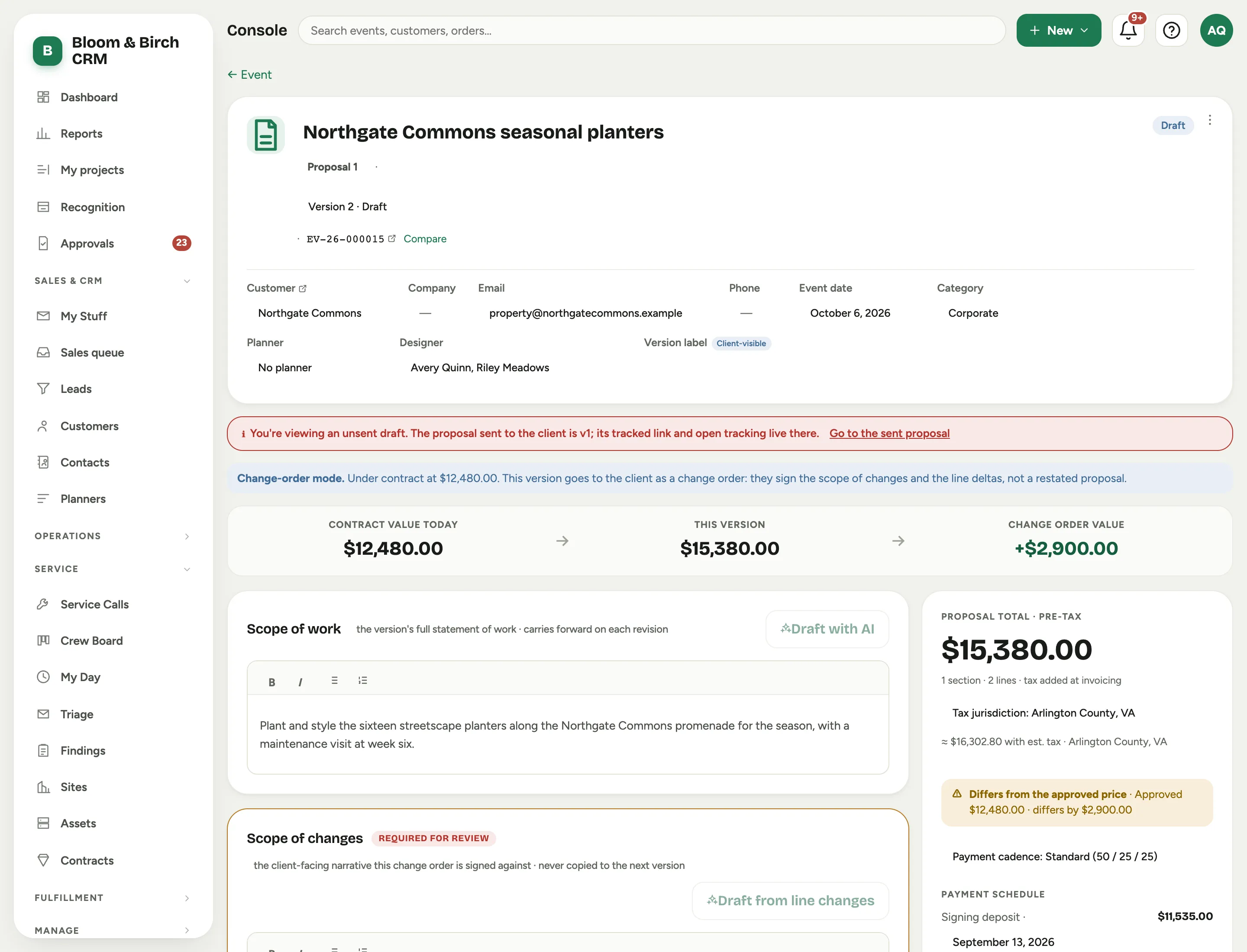 The proposal builder in change-order mode: the banner, the live strip showing contract value today, this version and change order value, the Scope of work card and the empty Scope of changes card marked required for review
