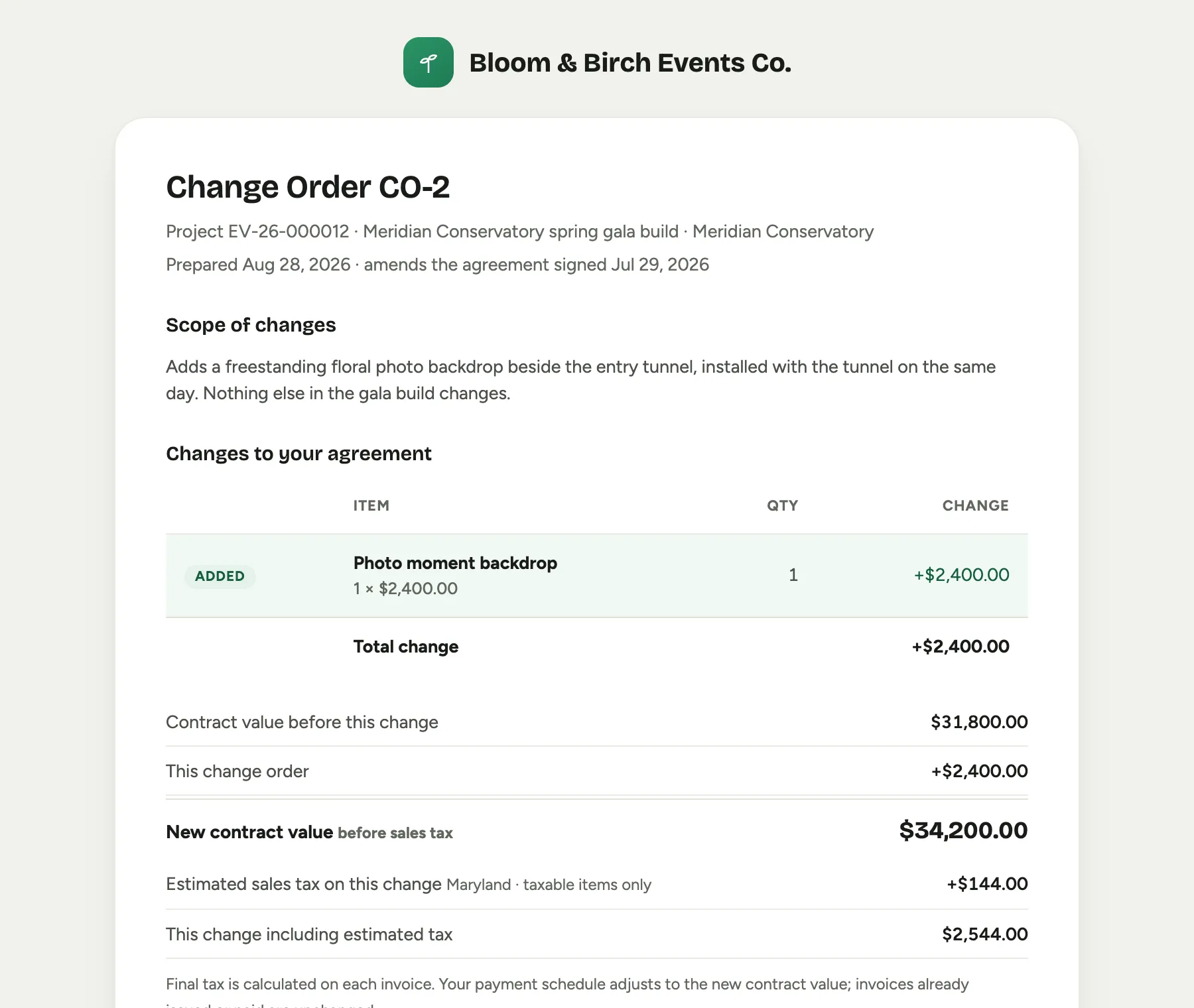 The client-facing change-order document: the scope of changes, a Changes to your agreement table with the added line, the contract value before this change, this change order, the new contract value, estimated sales tax on the change and the box where the client types their name to accept