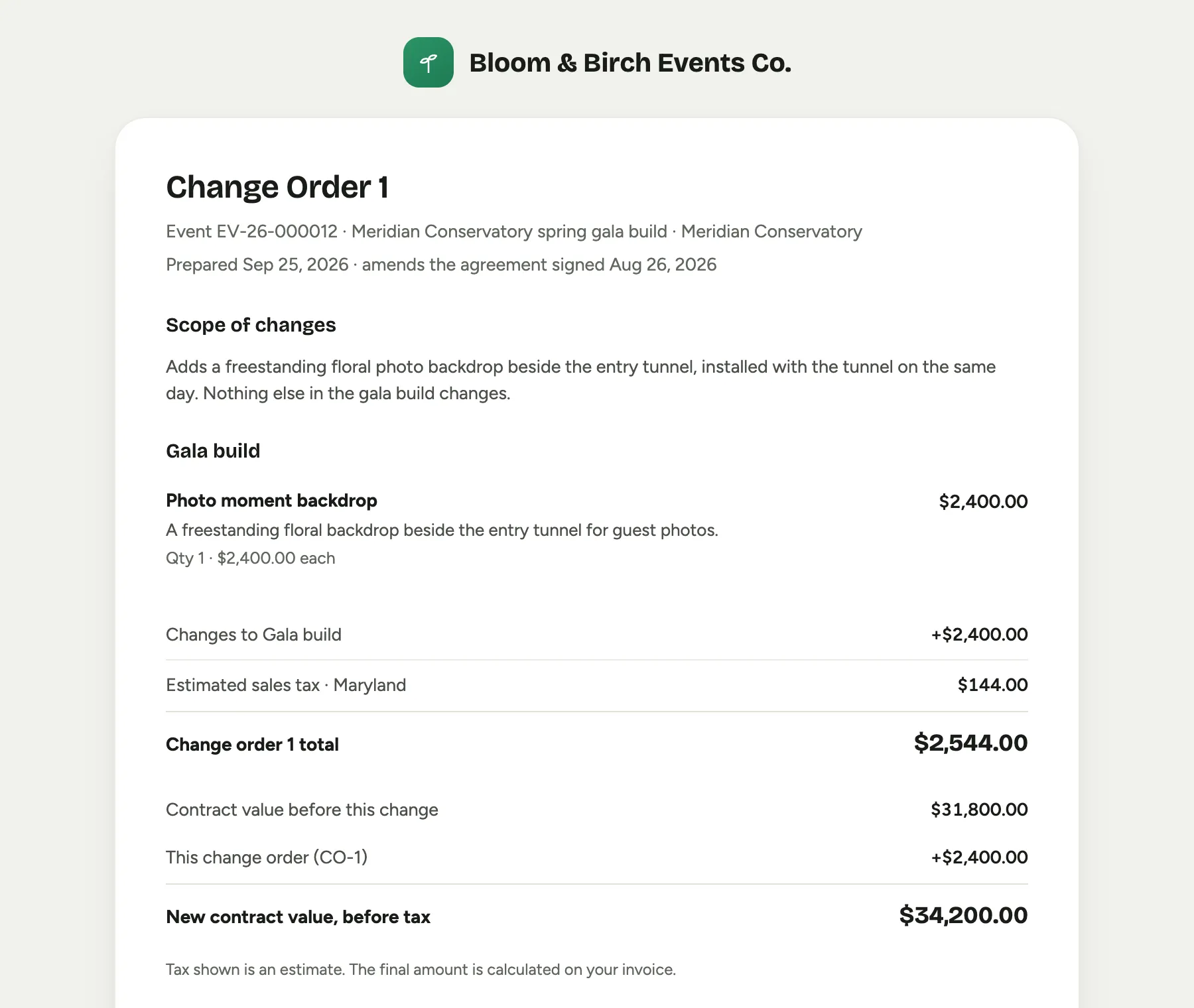 The client-facing change-order document: the change order's number and the agreement it amends, the scope of changes, the changed lines grouped under their proposal section, the totals with the estimated sales tax on the change and the contract value before and after