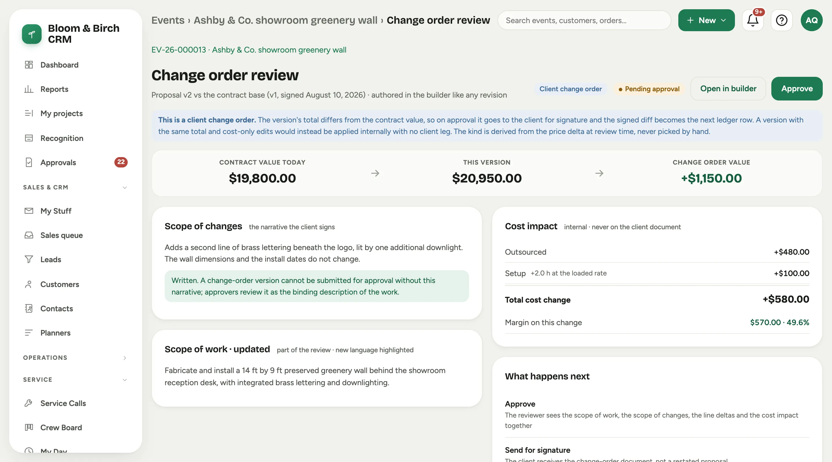 The change order review for a client change order awaiting approval: the kind chip and status, the banner explaining what approval does, the value strip, the scope of changes, the cost impact with margin on the change, the what-happens-next rail and the line changes table