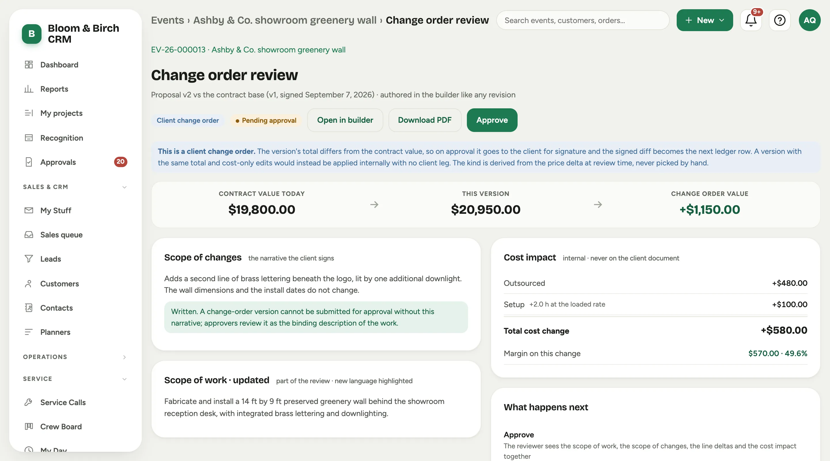 The change order review for a client change order awaiting approval: the kind chip and status, the banner explaining what approval does, the value strip, the scope of changes, the cost impact with margin on the change, the what-happens-next rail and the line changes table