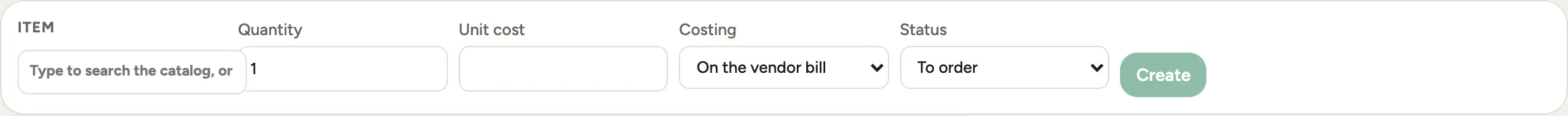 The Add materials form: item, quantity, unit cost, vendor, PO number, Costing and Status