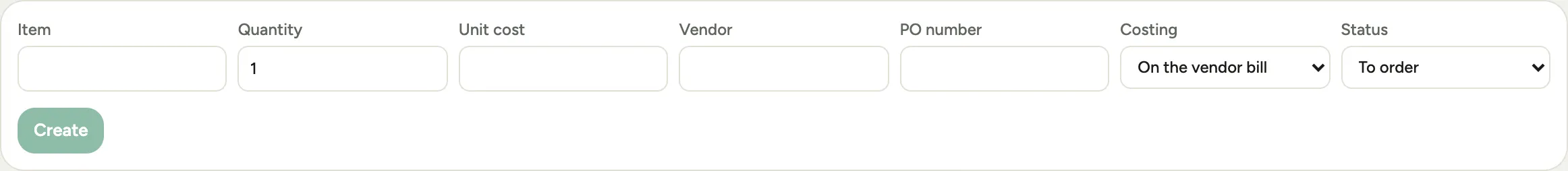 The Add materials form: item, quantity, unit cost, vendor, PO number, Costing and Status