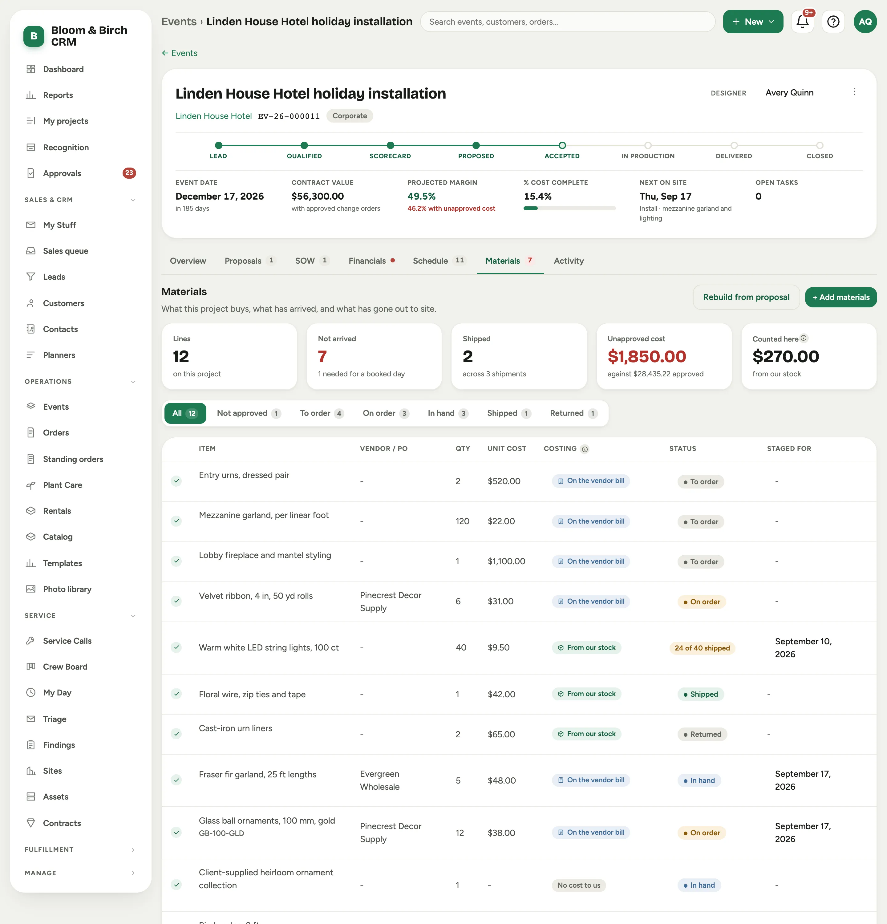The Materials tab: stats for lines, not arrived, shipped, unapproved cost and counted here; filter chips per lifecycle status; and the line table with an approval mark left of each item, then vendor and PO, quantity, unit cost, Costing, Status and Staged for columns