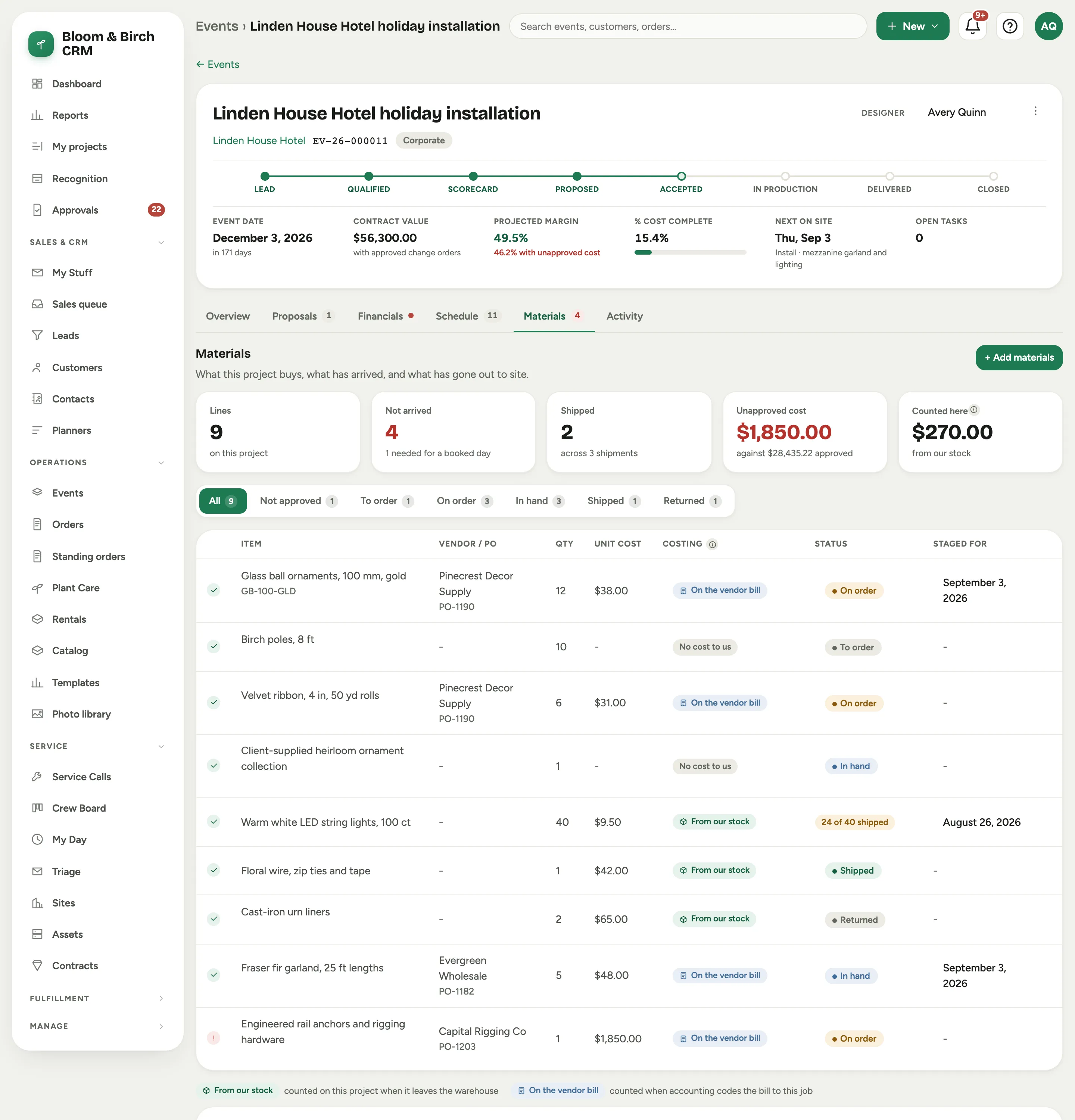The Materials tab: stats for lines, not arrived, shipped, unapproved cost and counted here; filter chips per lifecycle status; and the line table with an approval mark left of each item, then vendor and PO, quantity, unit cost, Costing, Status and Staged for columns