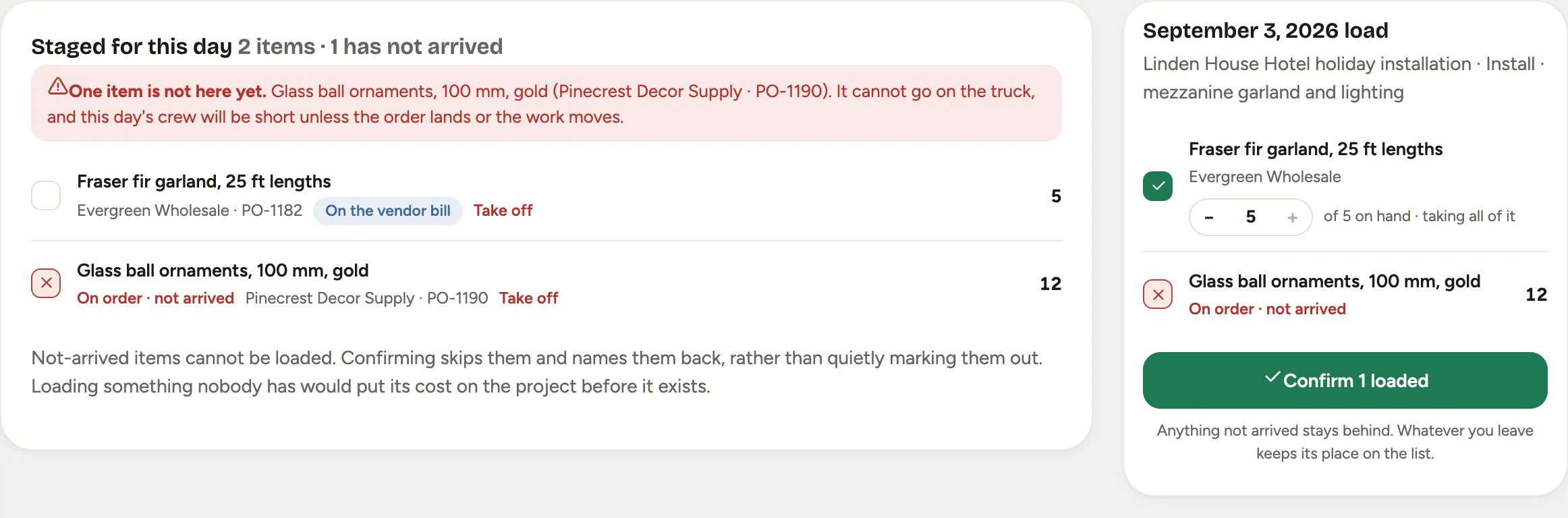 The pick list for a day: the staged list on the left with one on-order item refused in red, and the crew's load column on the right with a quantity stepper and the confirm button