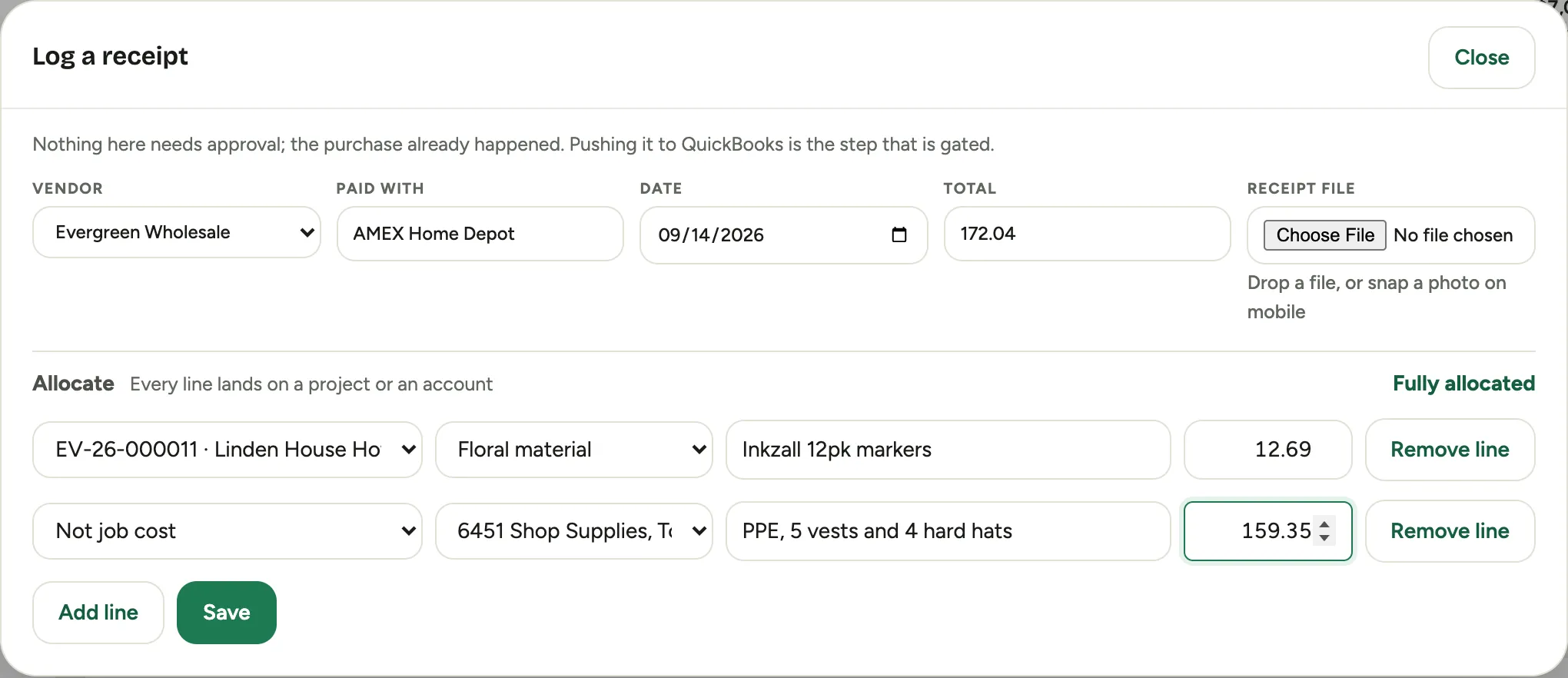 The Log a receipt form: vendor, paid with, date, total and the receipt file, then the allocation lines, each landing on a project and category or on a plain account, with the running amount left to allocate