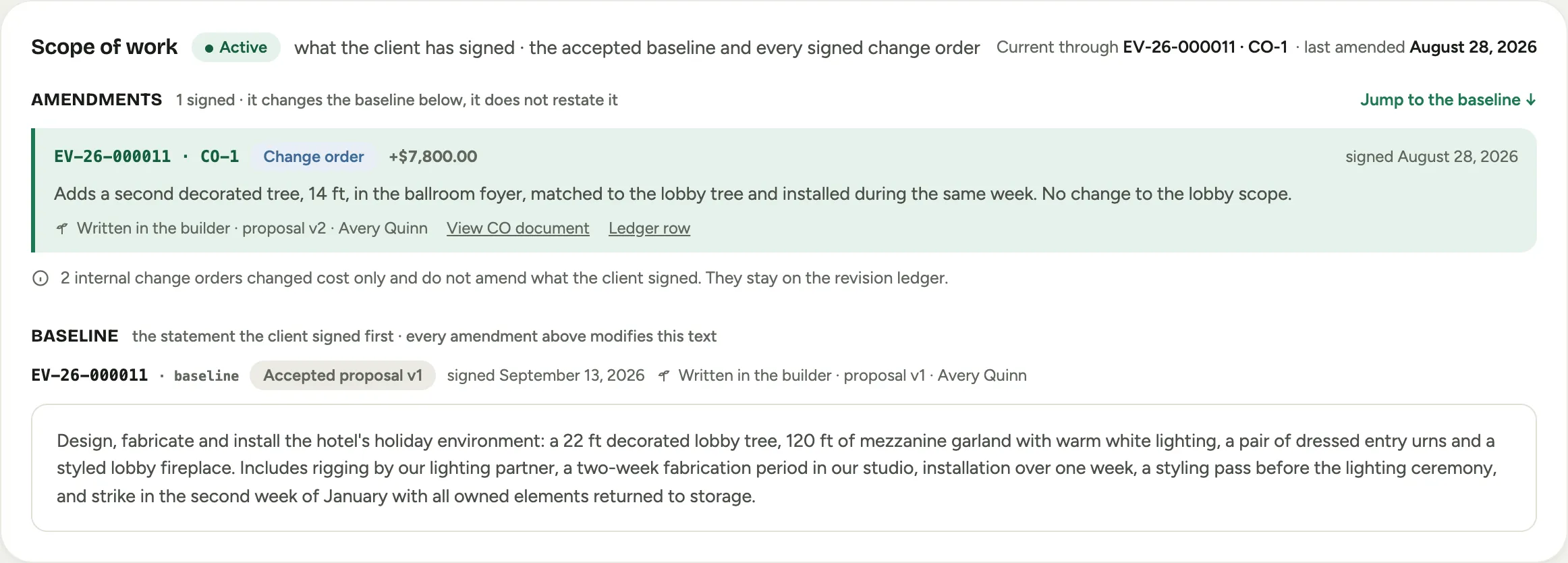 The SOW tab: the signed amendment first, labelled with its change-order reference, value, signing date and origin, then the full baseline the client signed