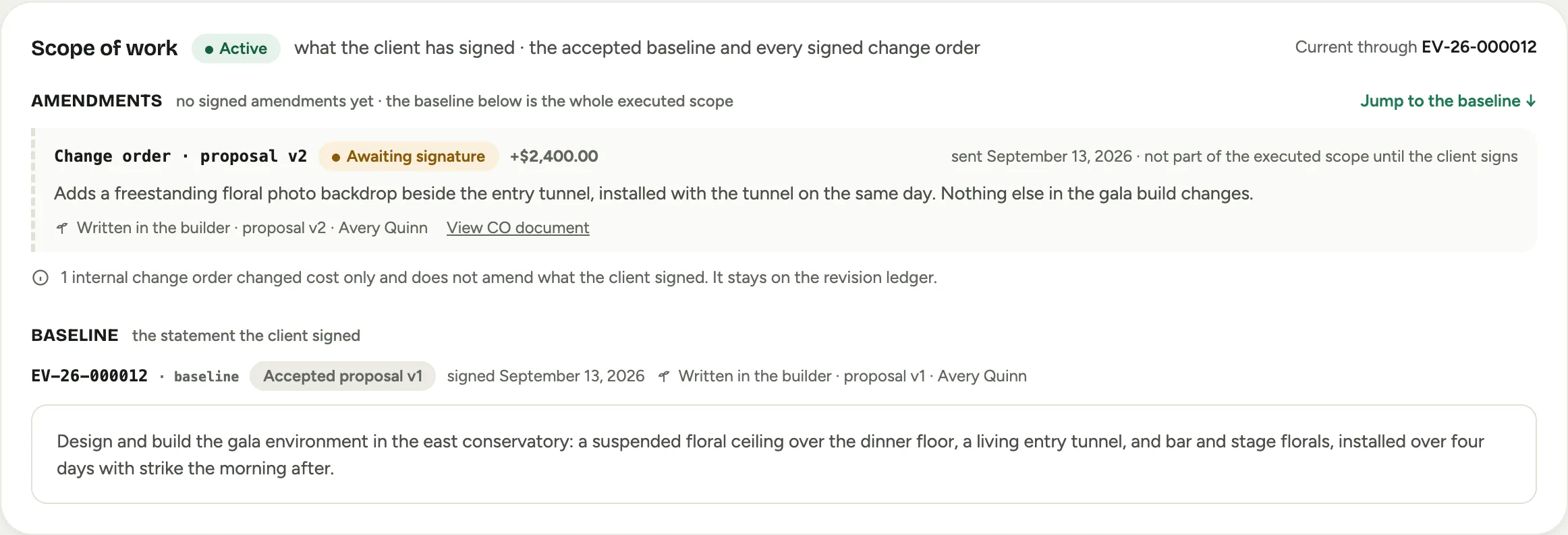 The SOW tab with a change order that has been sent but not yet signed, shown muted above the baseline